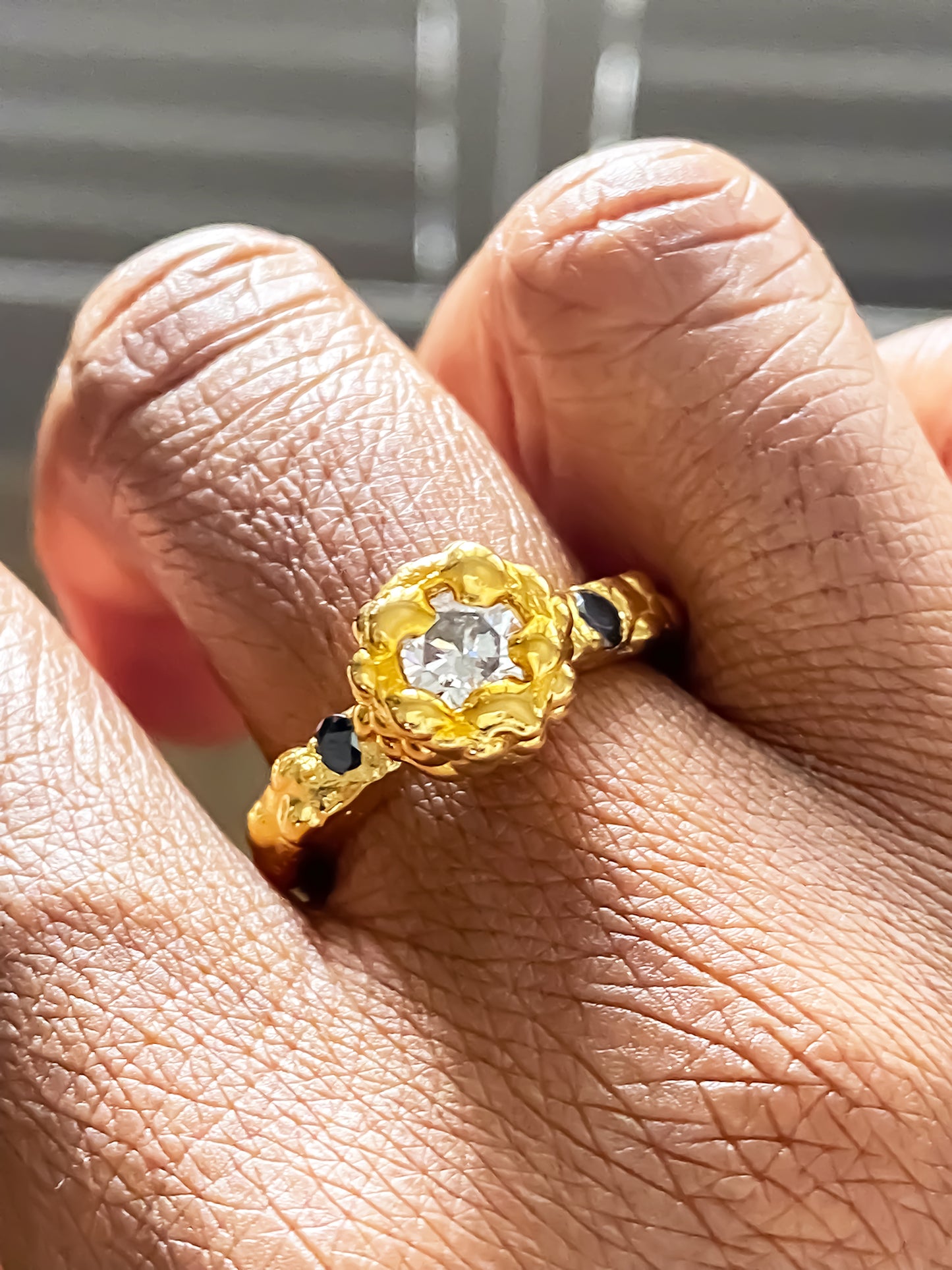 Statement Orbit Ring handmade in gold with detailed dotted band and bold gemstone setting by MOCA Jewellery