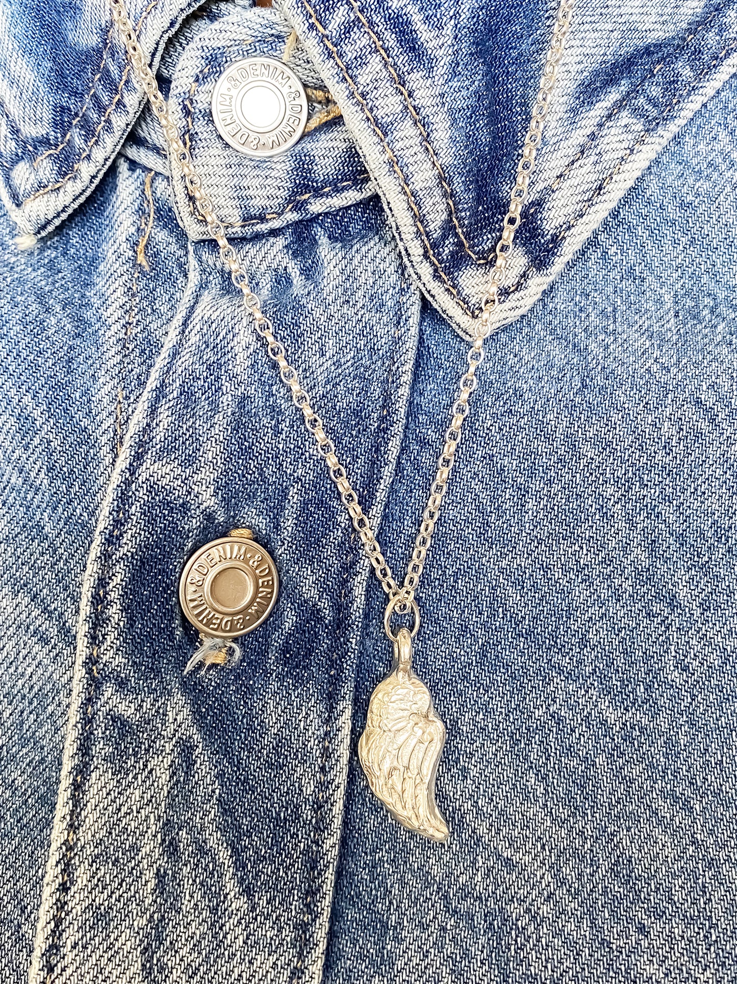 Layered Angel Wing Pendant necklaces shown on denim, guardian 11:11 gold or silver free shipping