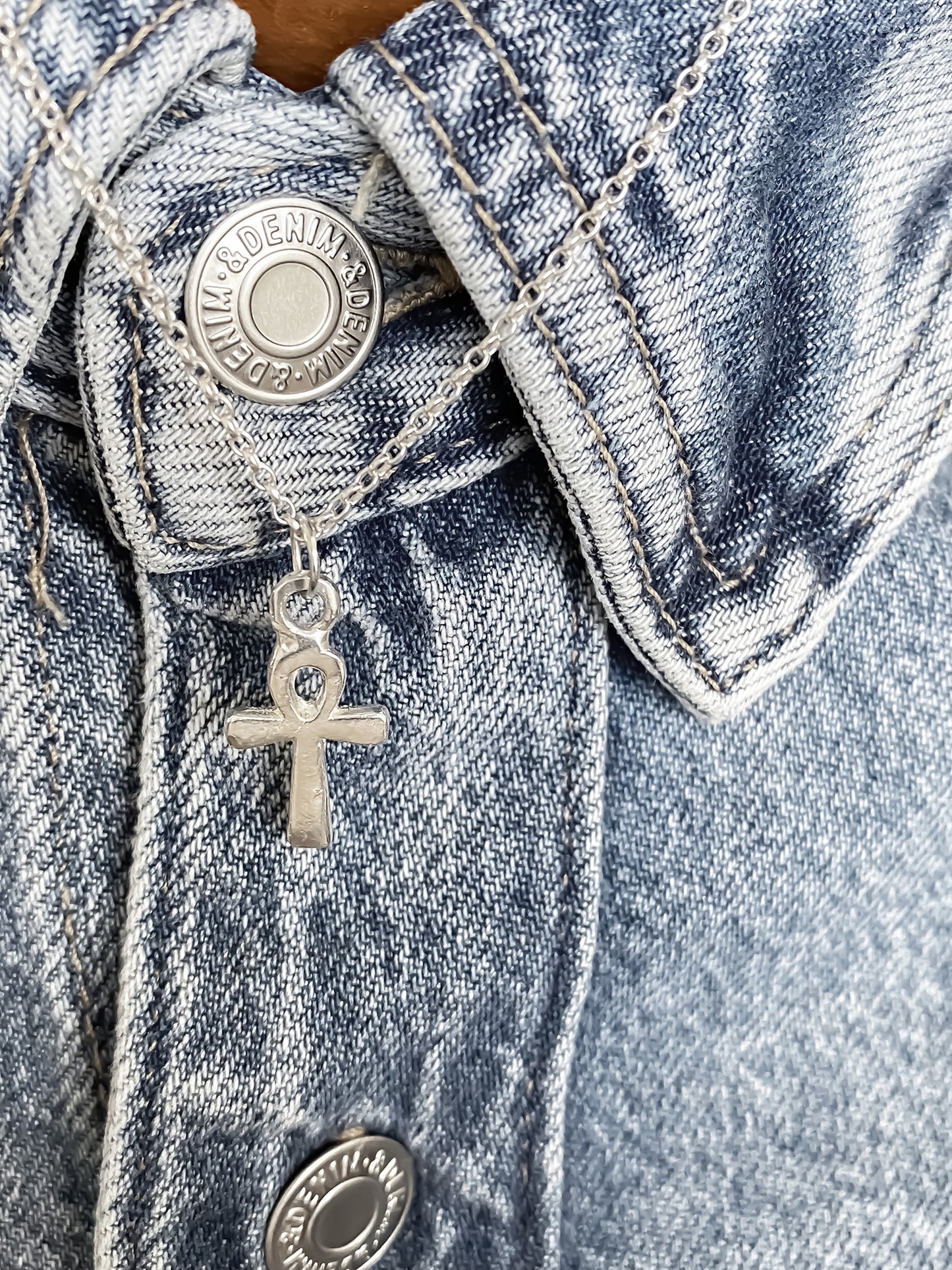 Ankh Pendant styled on denim jacket. Egyptian African