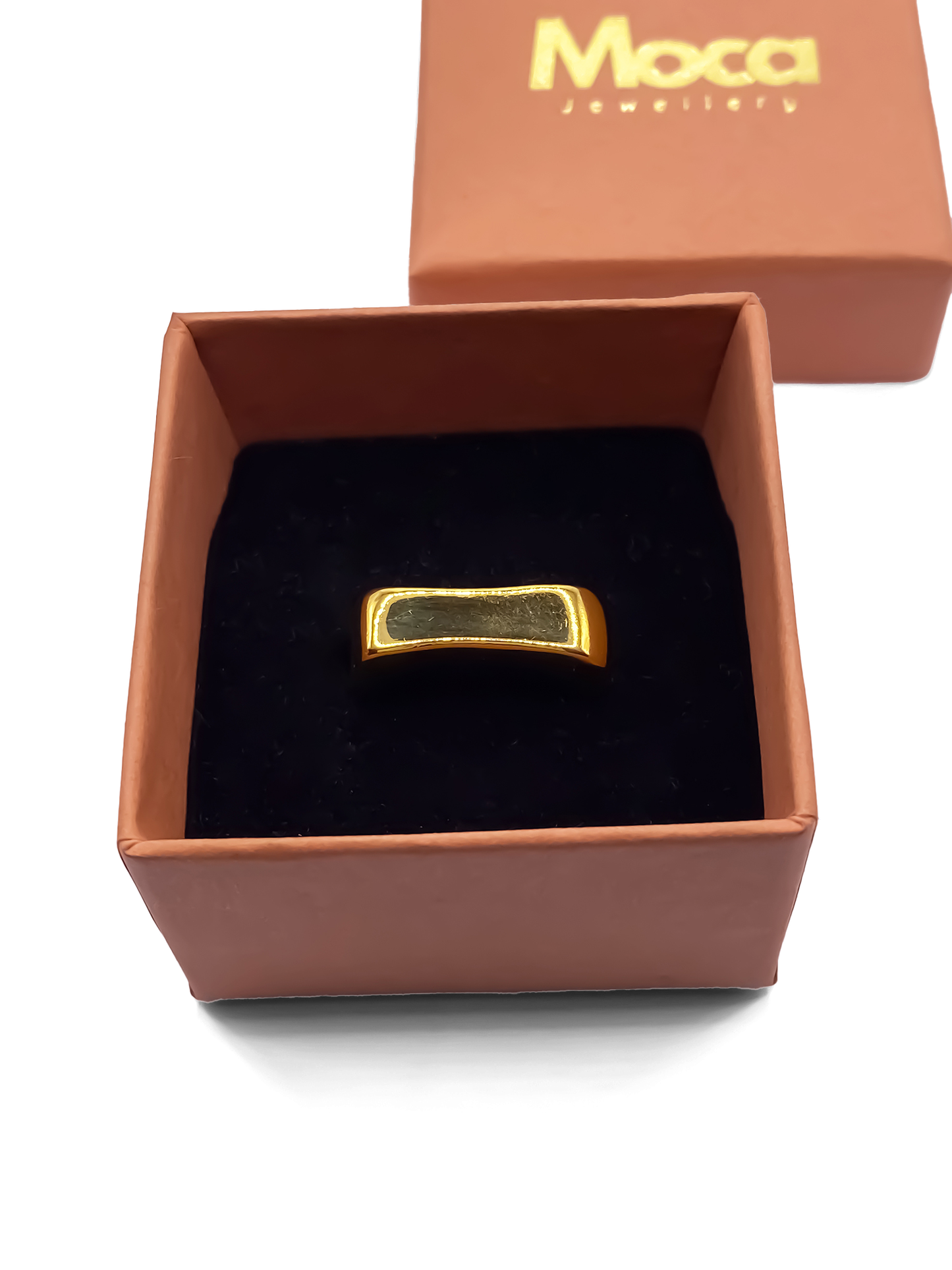 Gold ring displayed in MOCA Jewellery box, handmade asymmetric design