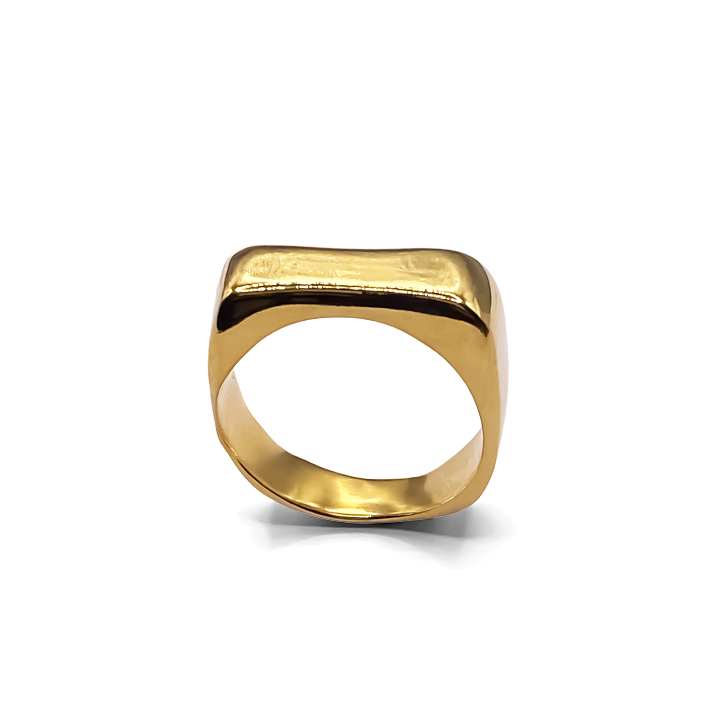 Studio view of MOCA Jewellery’s asymmetrical ring in matte gold finish