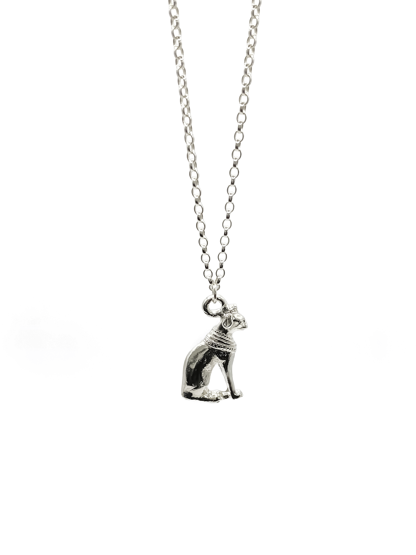 Bast Cat Pendant in oxidised silver on chain with Egyptian styling. Silver or Gold. Free shipping