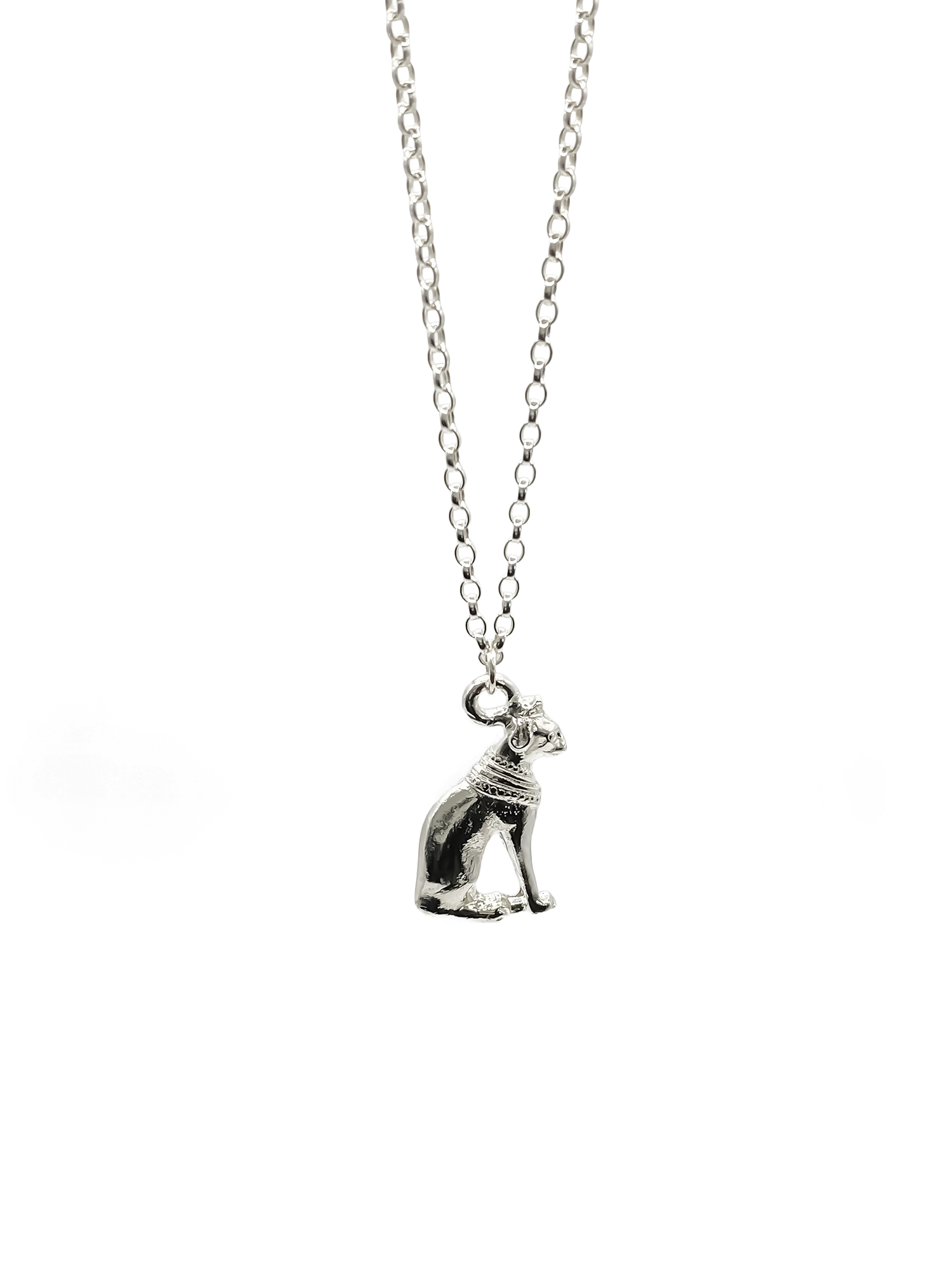 Bast Cat Pendant in oxidised silver on chain with Egyptian styling. Silver or Gold. Free shipping