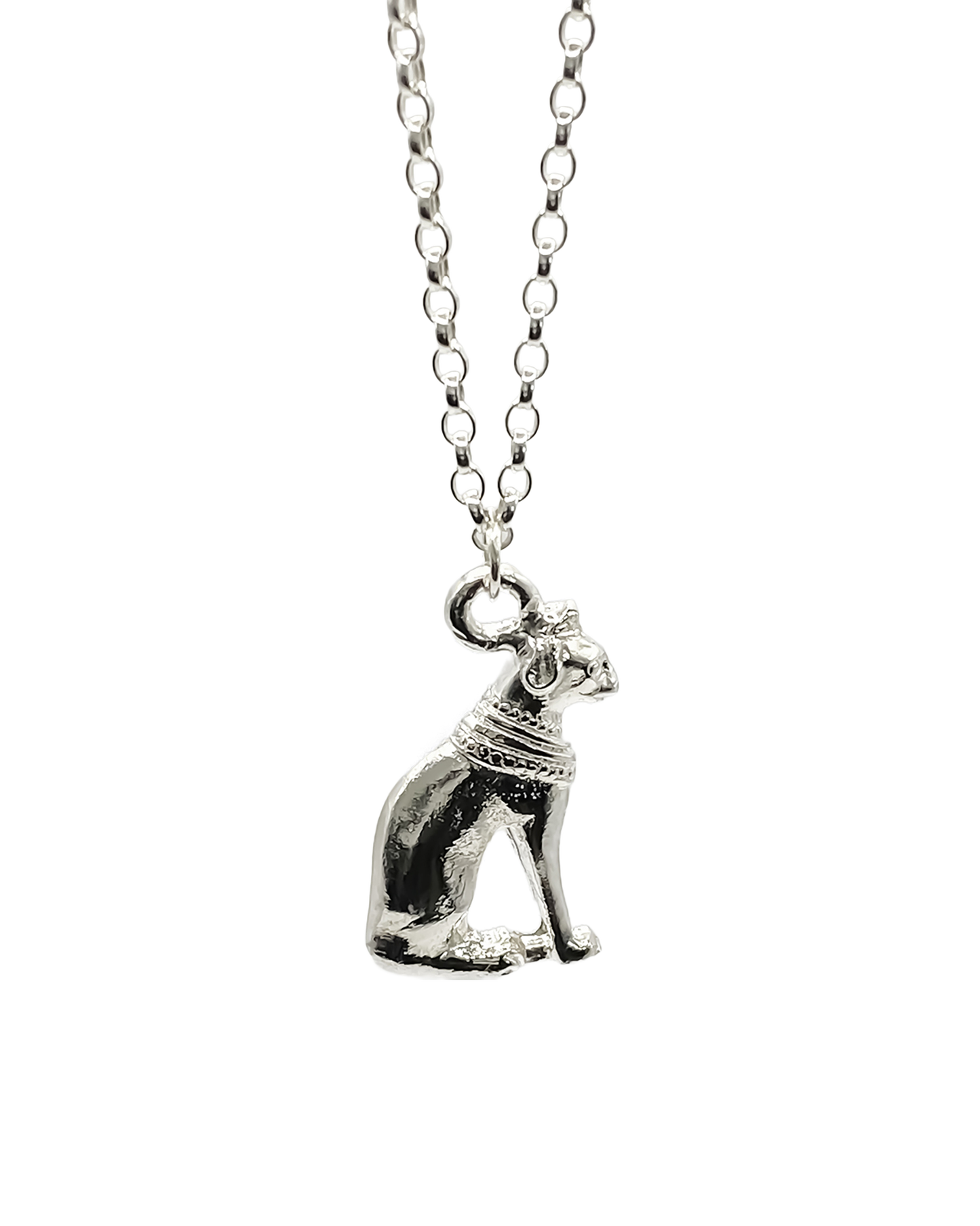 Bast Cat Pendant featuring Egyptian cat figure in silver or gold. Mystical charm Protector.
