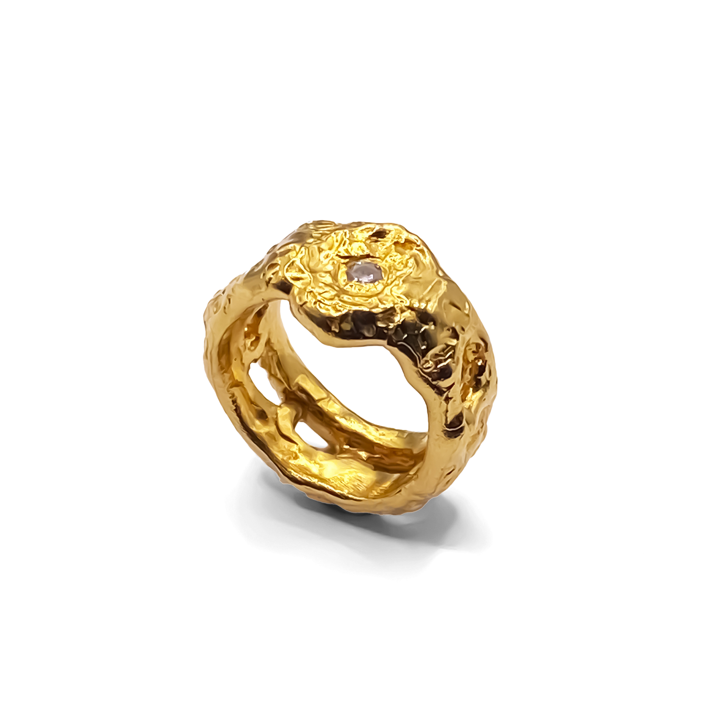Bold Eclipse Ring in gold with textured band and gemstone detailing, crafted by MOCA Jewellery