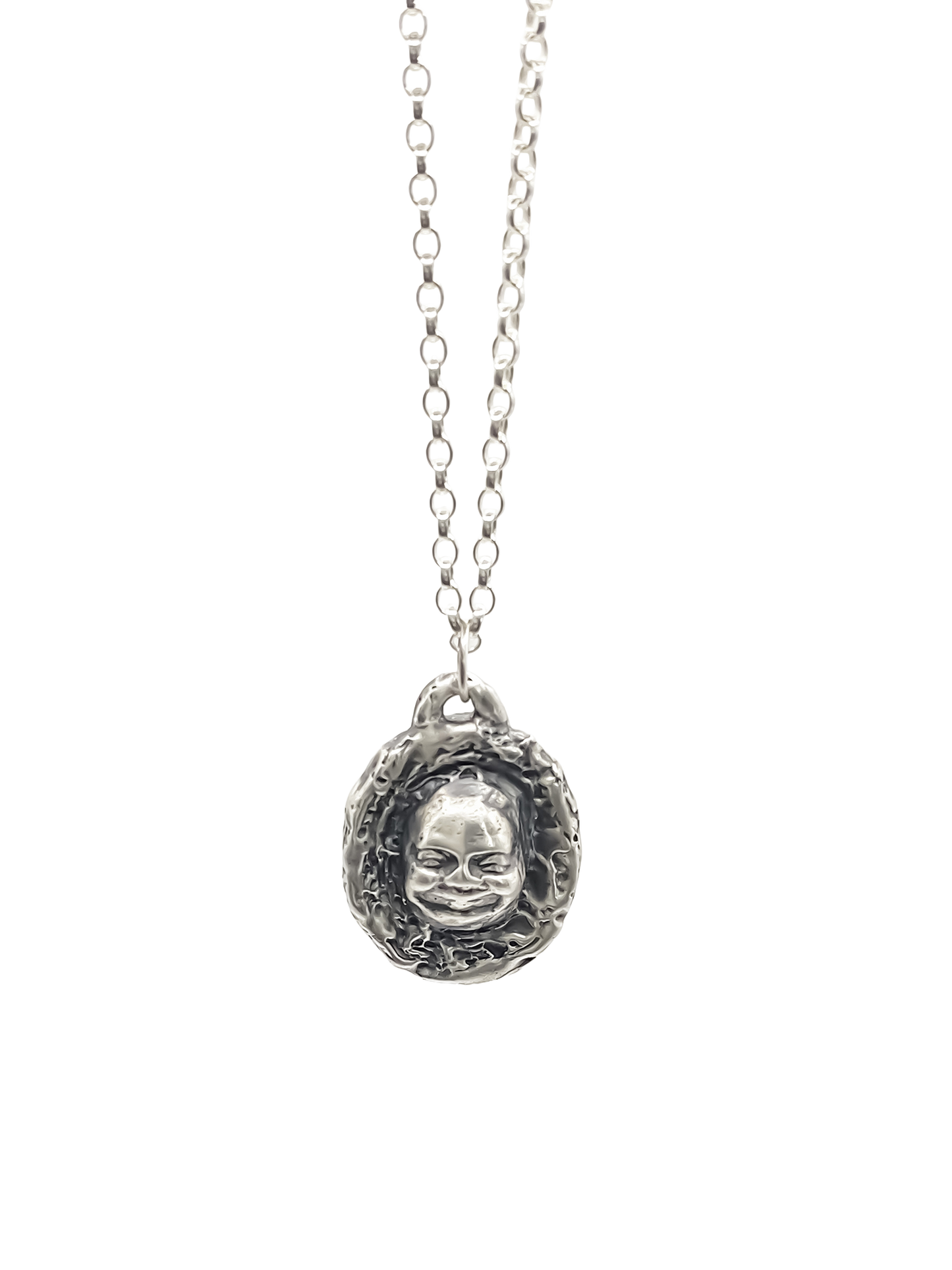 Buddha Face Pendant shown in frontal hanging view - happy buddha, spiritual, oxidised organic texture gold or silver free shipping