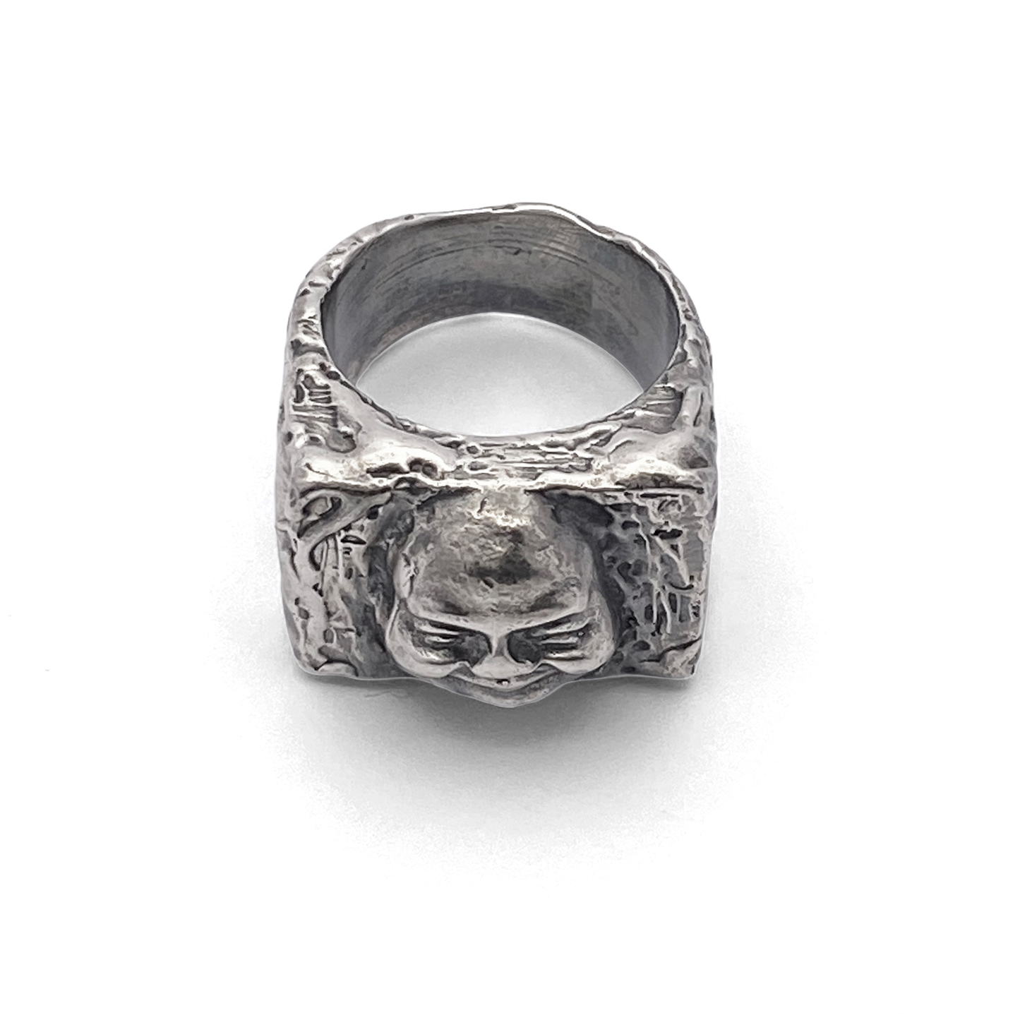 Front view of Buddha Signet Ring in oxidised silver - peaceful statement piece, oxidised gold or silver, free shipping