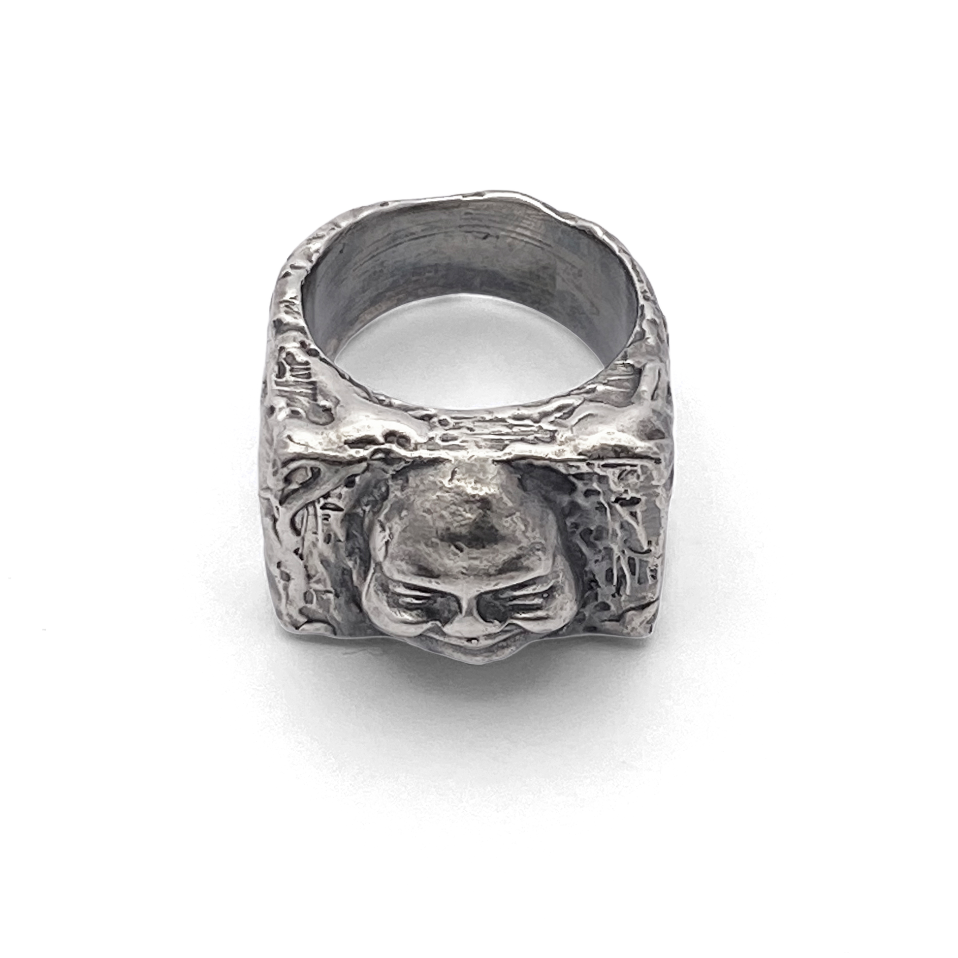 Front view of Buddha Signet Ring in oxidised silver - peaceful statement piece, oxidised gold or silver, free shipping