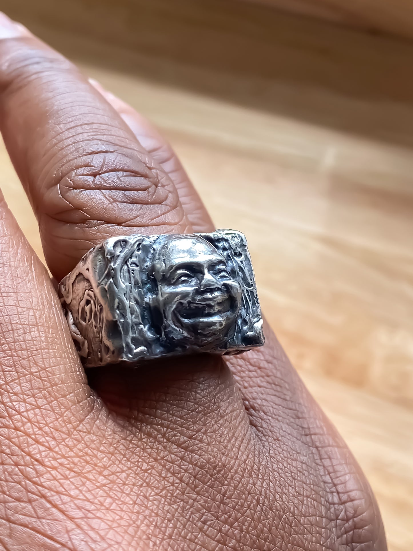 Ring worn on hand in soft light - Buddha Signet Ring - peaceful statement piece, oxidised gold or silver, free shipping