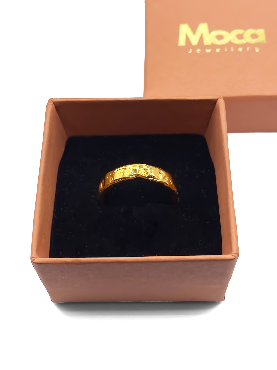Gold textured band ring with subtle detail, handmade by MOCA Jewellery.