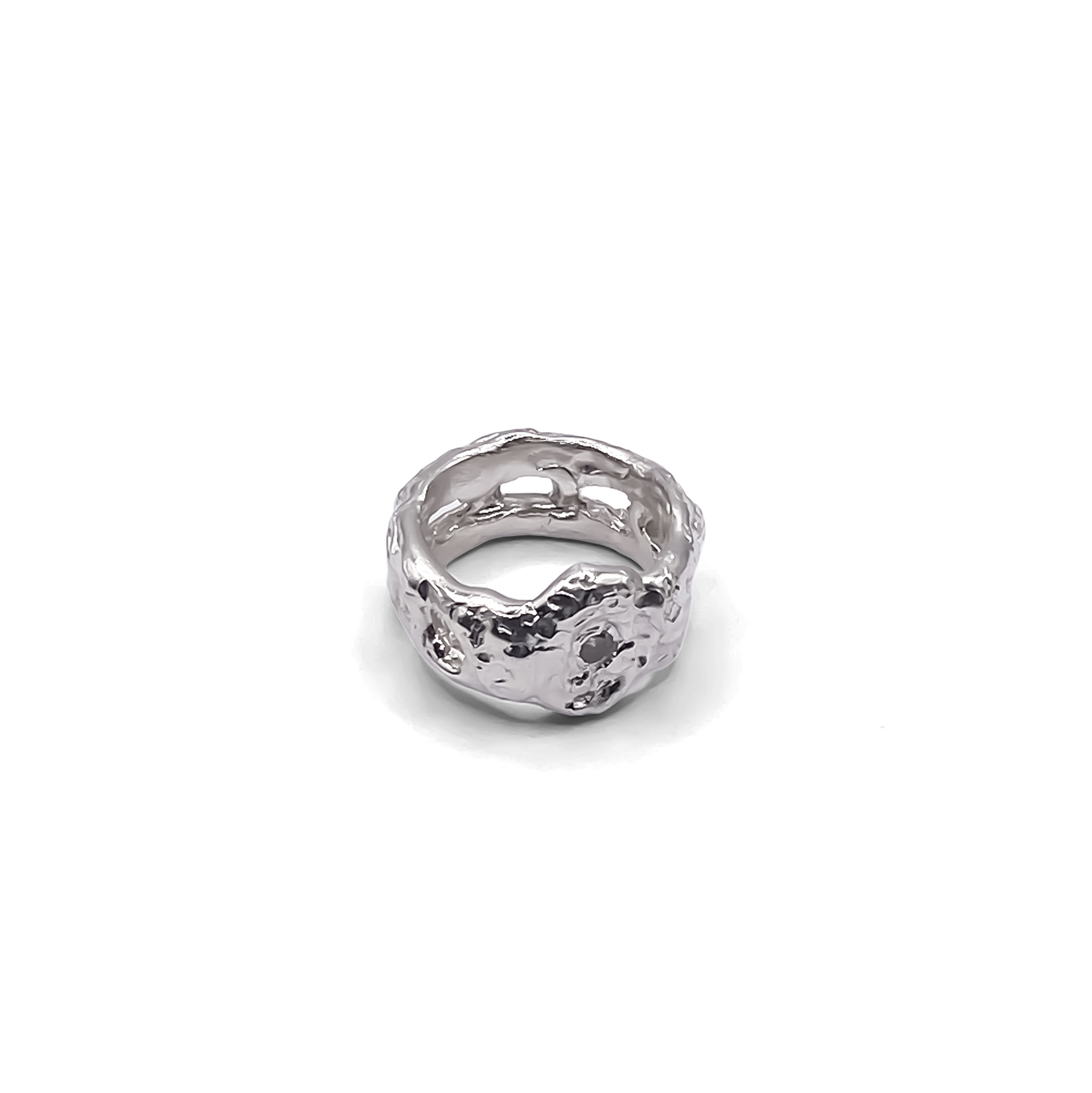 Close-up showing cutouts and gemstones on Eclipse Cutout Ring - textured band white and black gemstones gold or silver free shipping