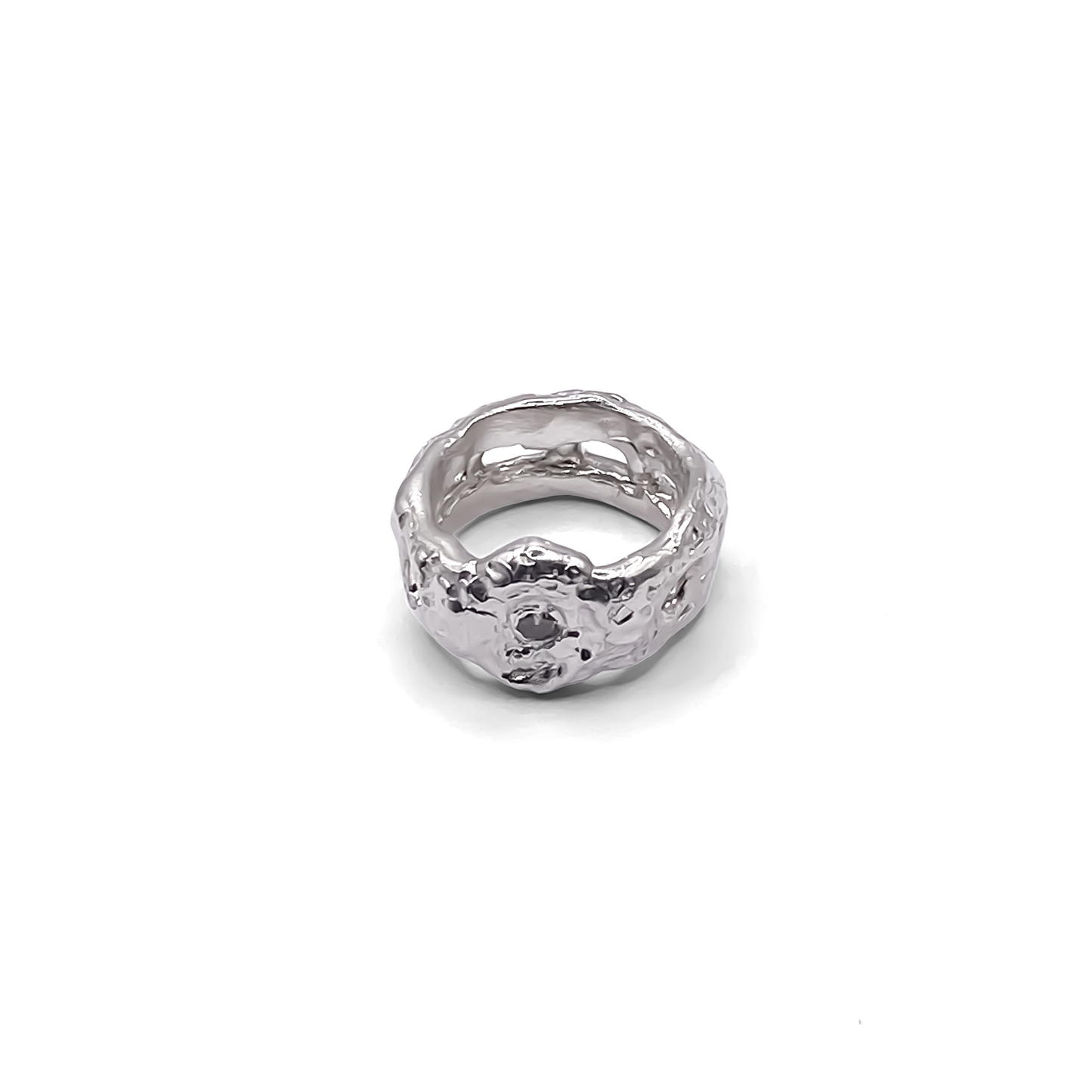 Front studio shot of Eclipse Cutout Ring - textured band white and black gemstones gold or silver free shipping