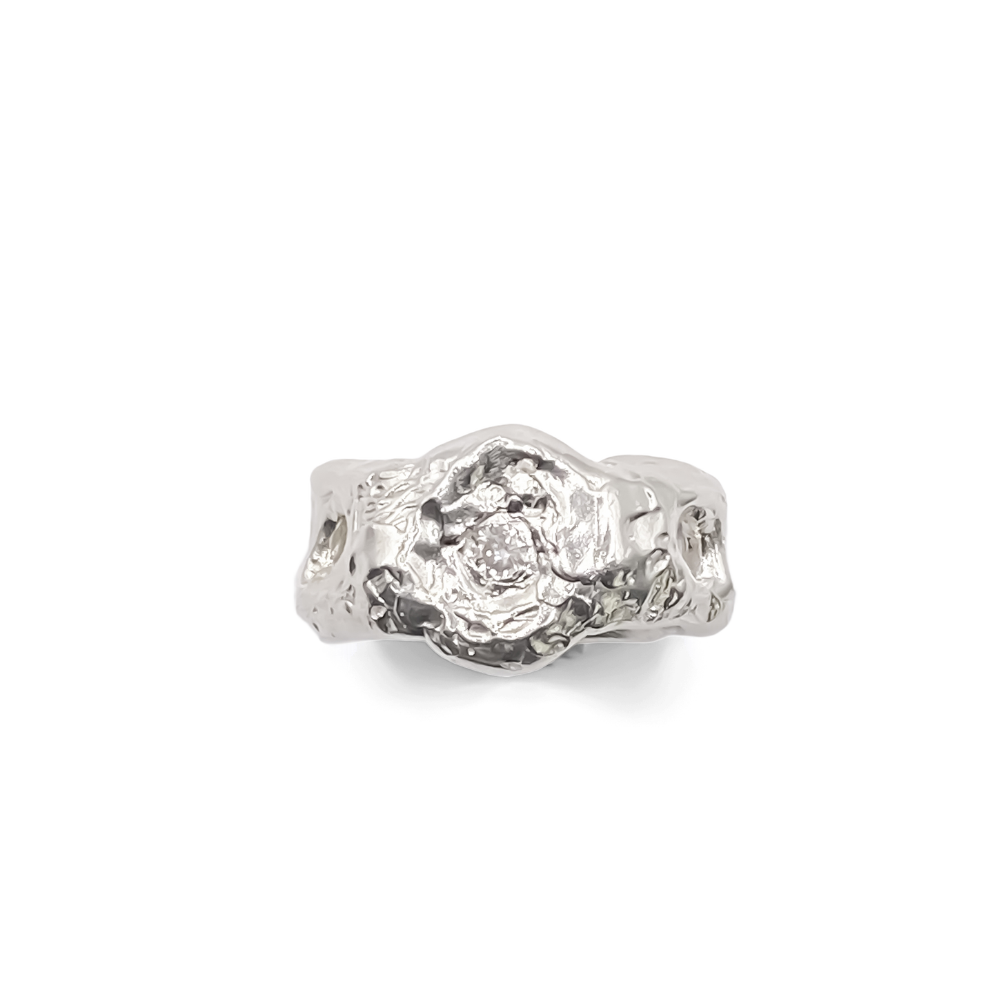 Sculptural angle of Eclipse Cutout Ring in studio lighting - textured band white and black gemstones gold or silver free shipping