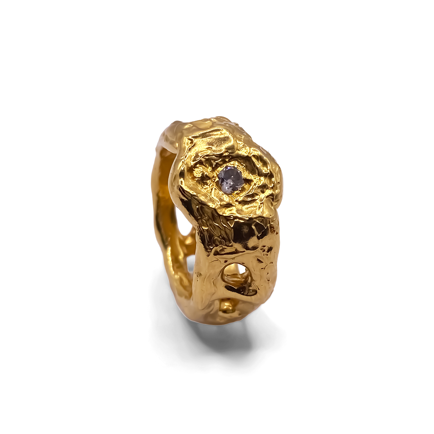 Side view of Eclipse Cutout Ring showing textured gold finish and gemstone accents, MOCA Jewellery design