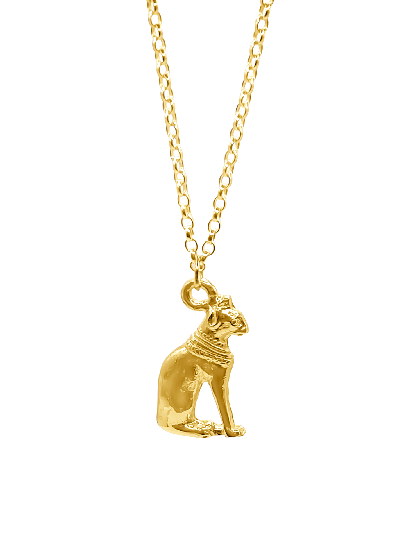 Minimalist gold Bast Cat Pendant close-up on grey background, ancient Egyptian goddess symbol. MOCA Jewellery ahandmade.