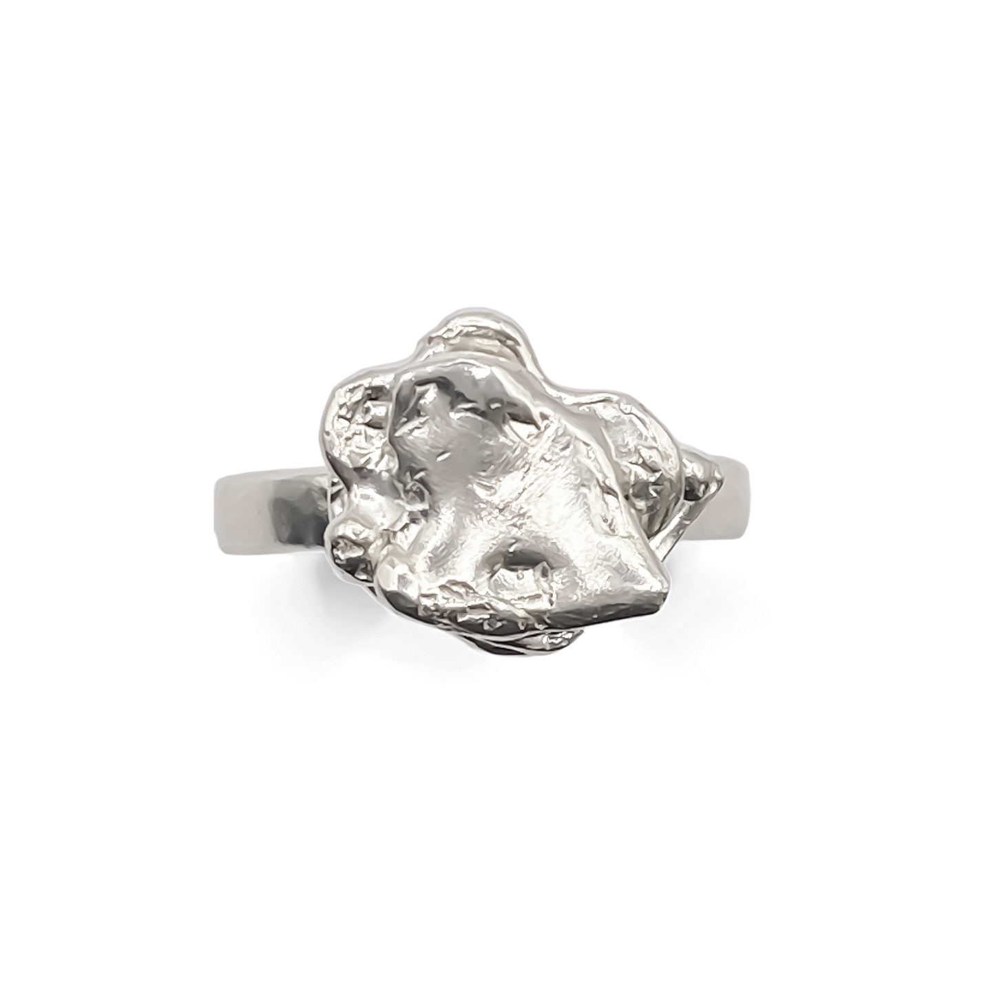 Flatlay of Flower ring with botanical form - Flower ring statement handmade, abstract gold or silver, Nature-Inspired, free shipping