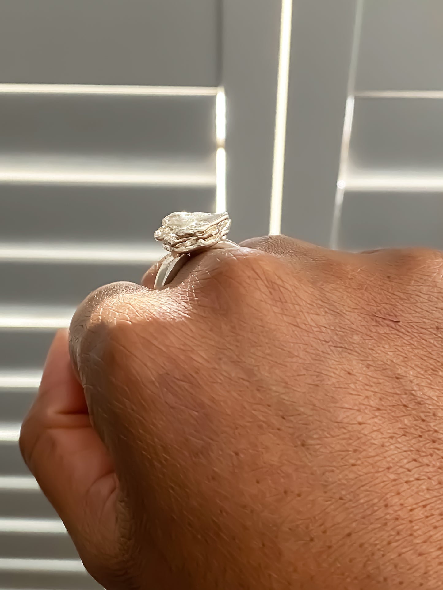 Flower ring worn on hand with profile view - Flower ring statement handmade, abstract gold or silver, Nature-Inspired, free shipping