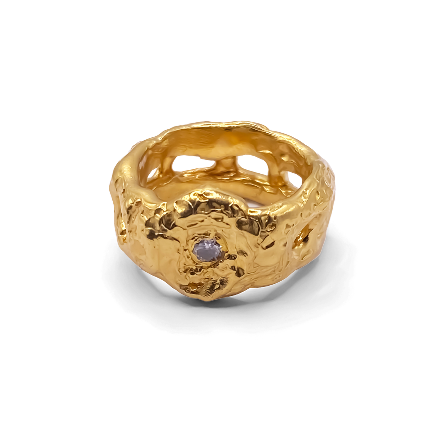 Textured gold band Eclipse-style ring with gemstone details, elegant and bold from MOCA Jewellery