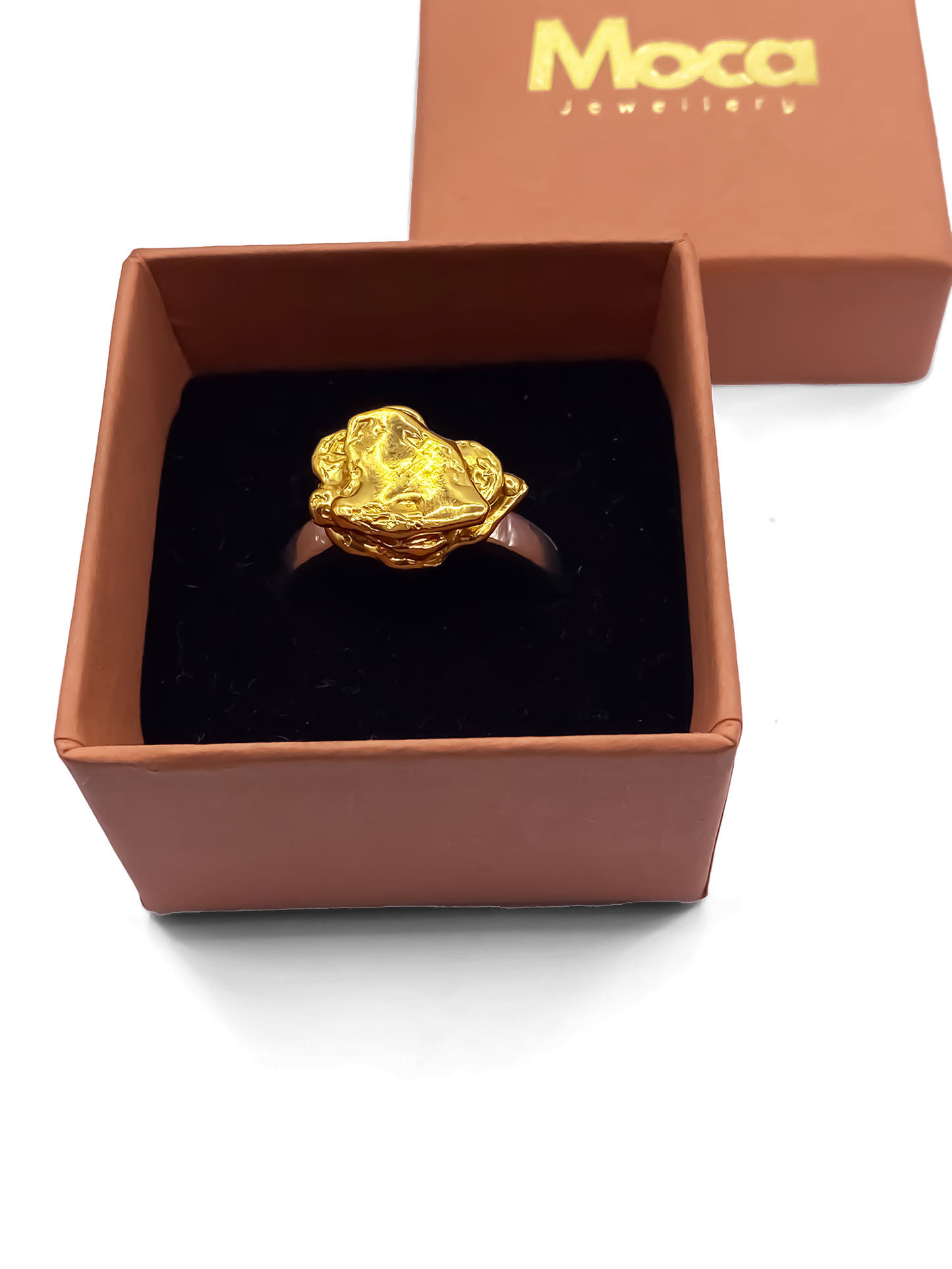 MOCA Jewellery gold flower ring in gift box, abstract nature-inspired design, perfect handmade gift with free UK shipping