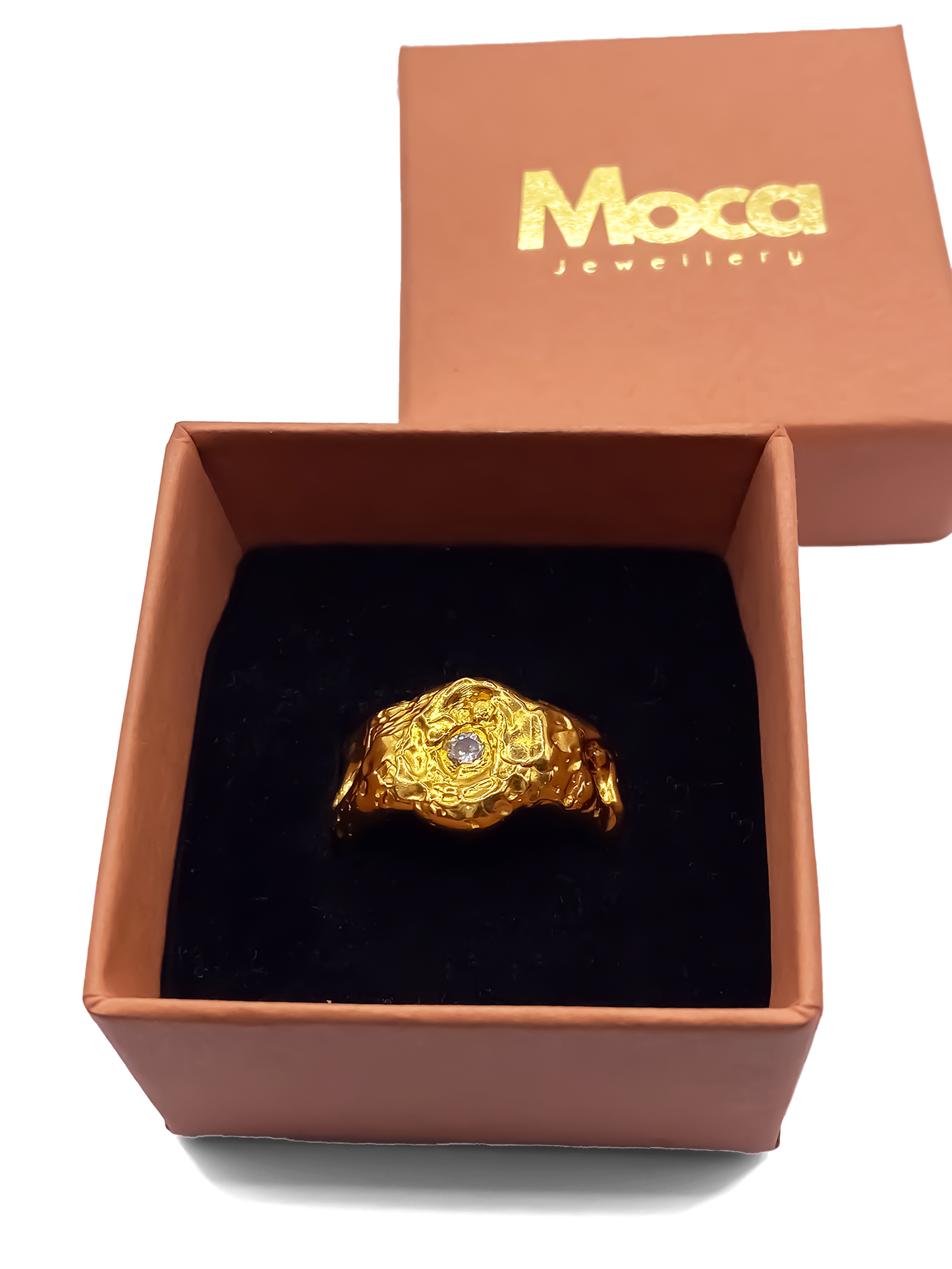 Gift-boxed Eclipse Ring with gold texture and gemstone detail, premium packaging from MOCA Jewellery