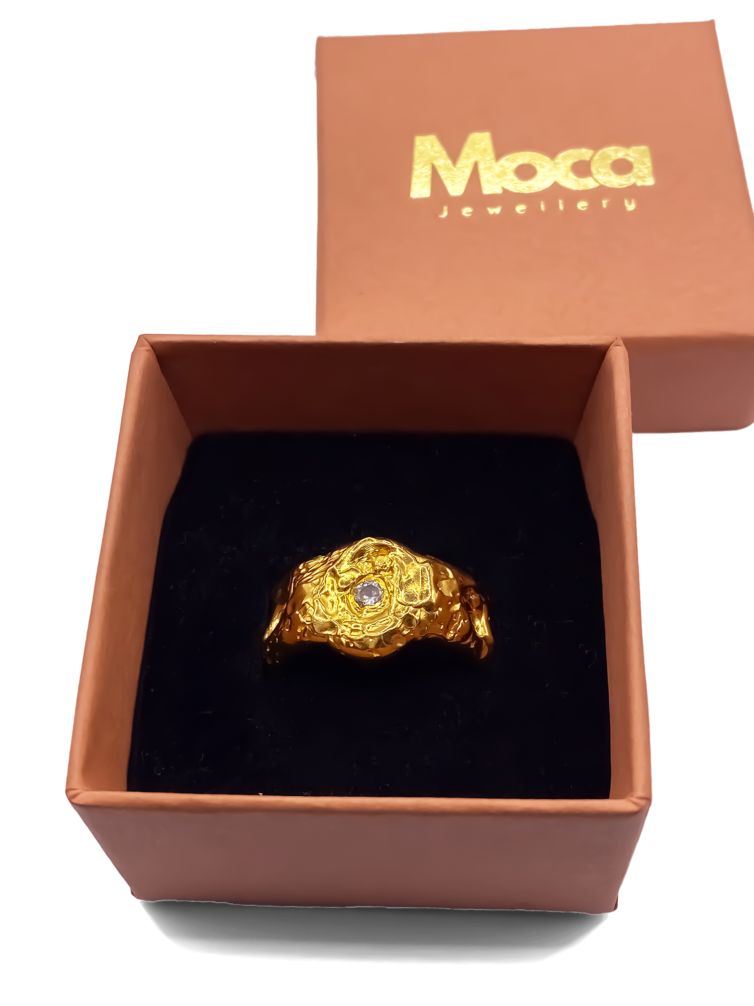 Gift-boxed Eclipse Ring with gold texture and gemstone detail, premium packaging from MOCA Jewellery
