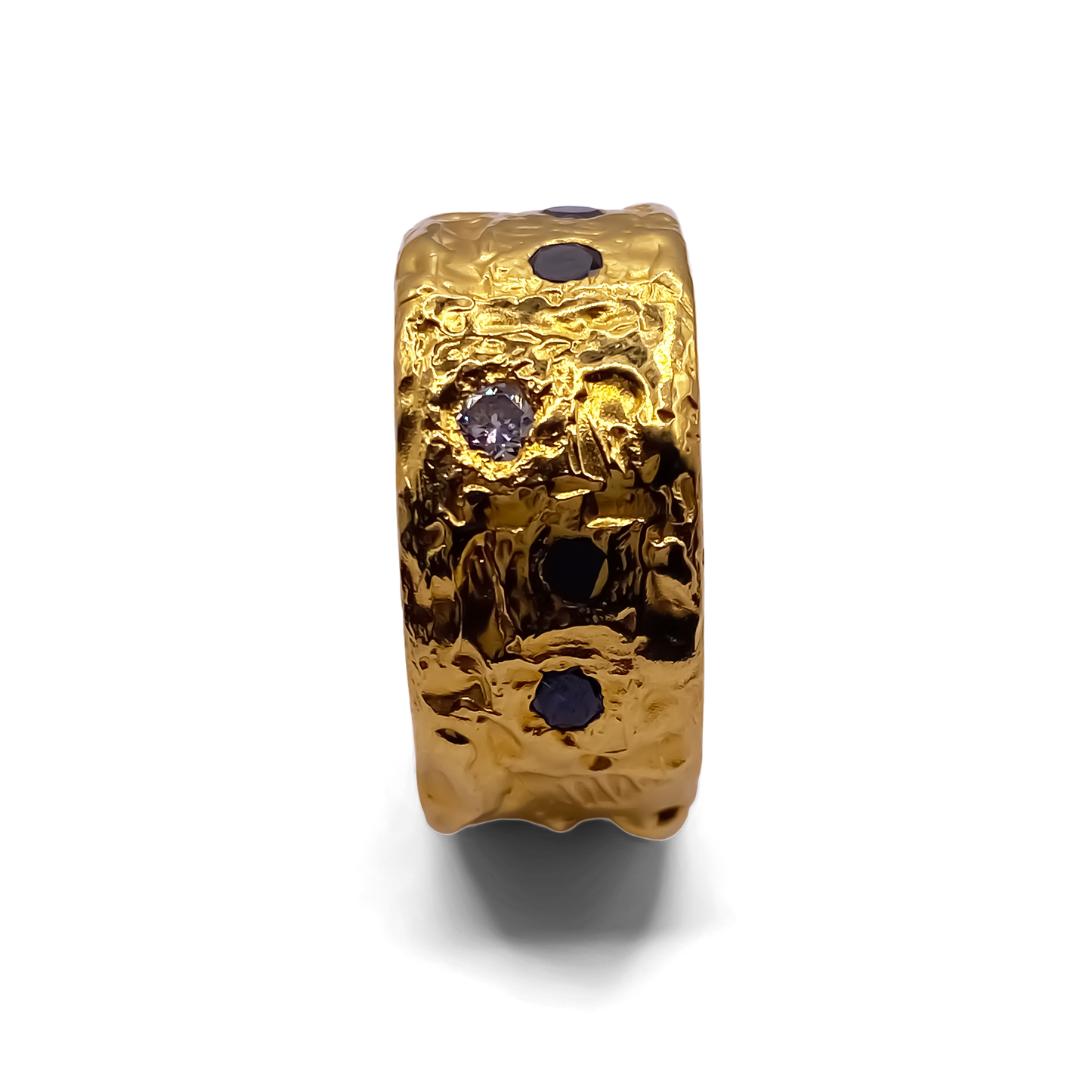 Side view of handmade MOCA Jewellery Stone Set Band with gold and gemstone detail