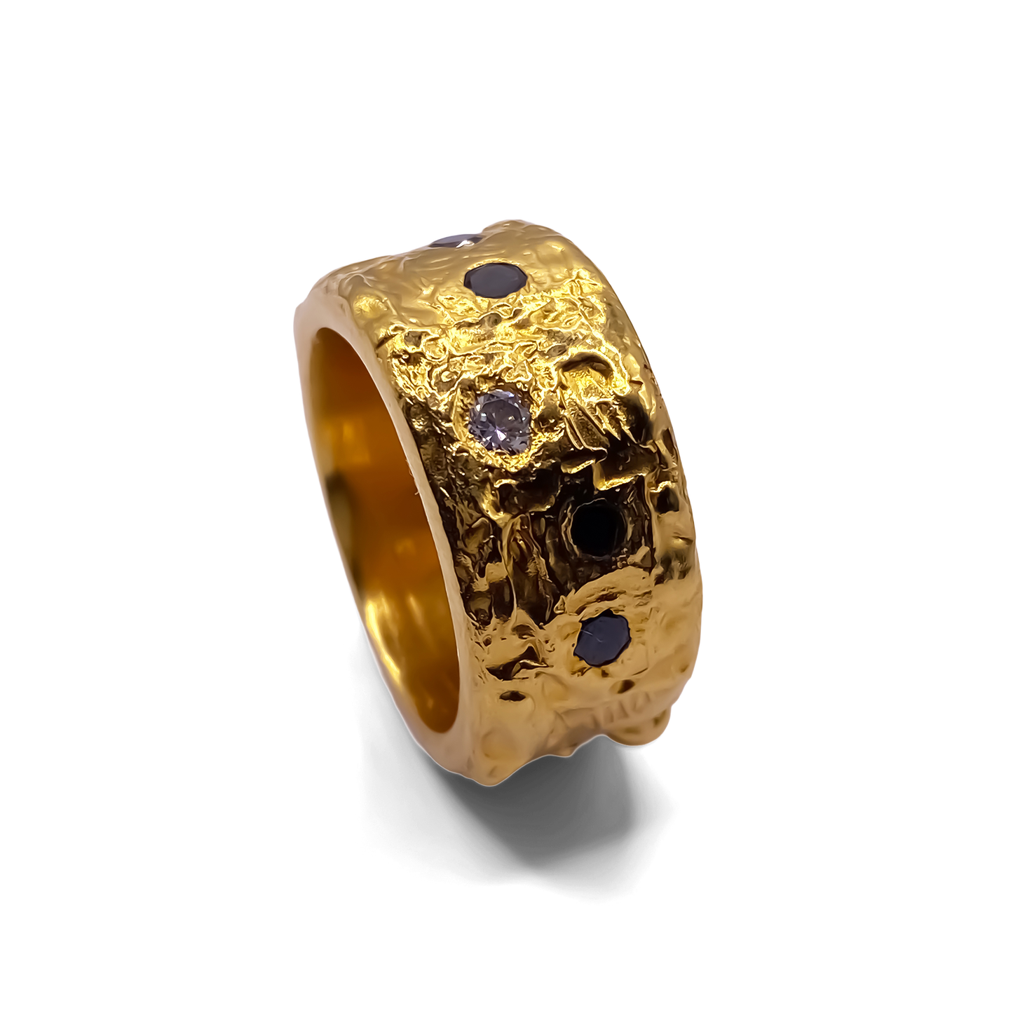 MOCA Jewellery gold textured band ring with gemstone details, handmade elegance