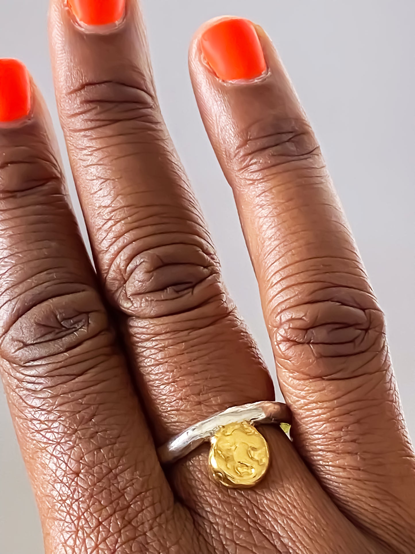 Textured gold circle ring with minimalist style, handmade design by MOCA Jewellery