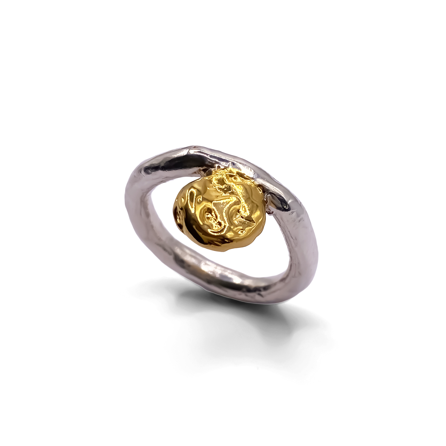 Elegant handmade circle ring with gold accent, textured and minimal by MOCA Jewellery