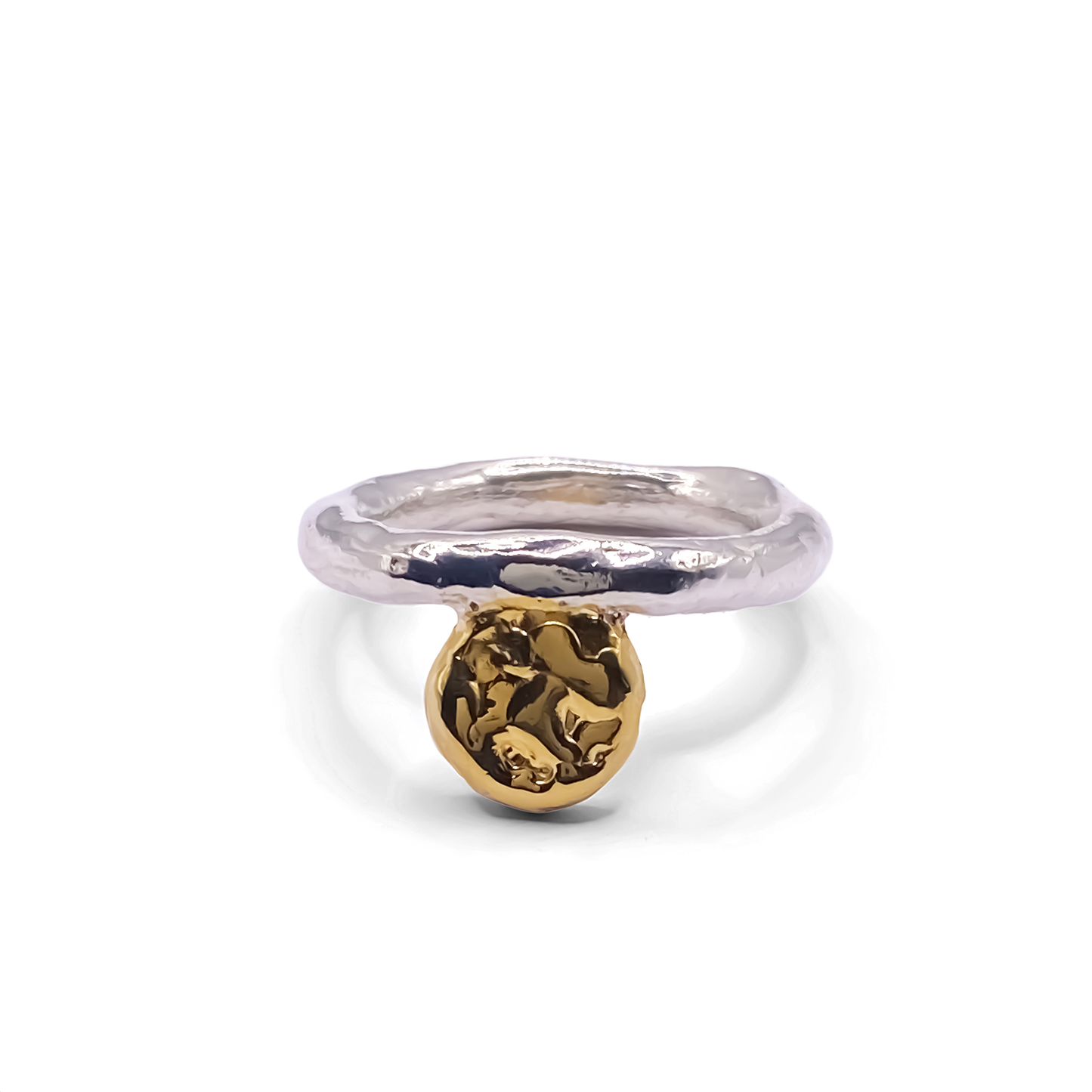 MOCA Jewellery handmade ring with gold circle detail, sleek textured finish and minimal appeal