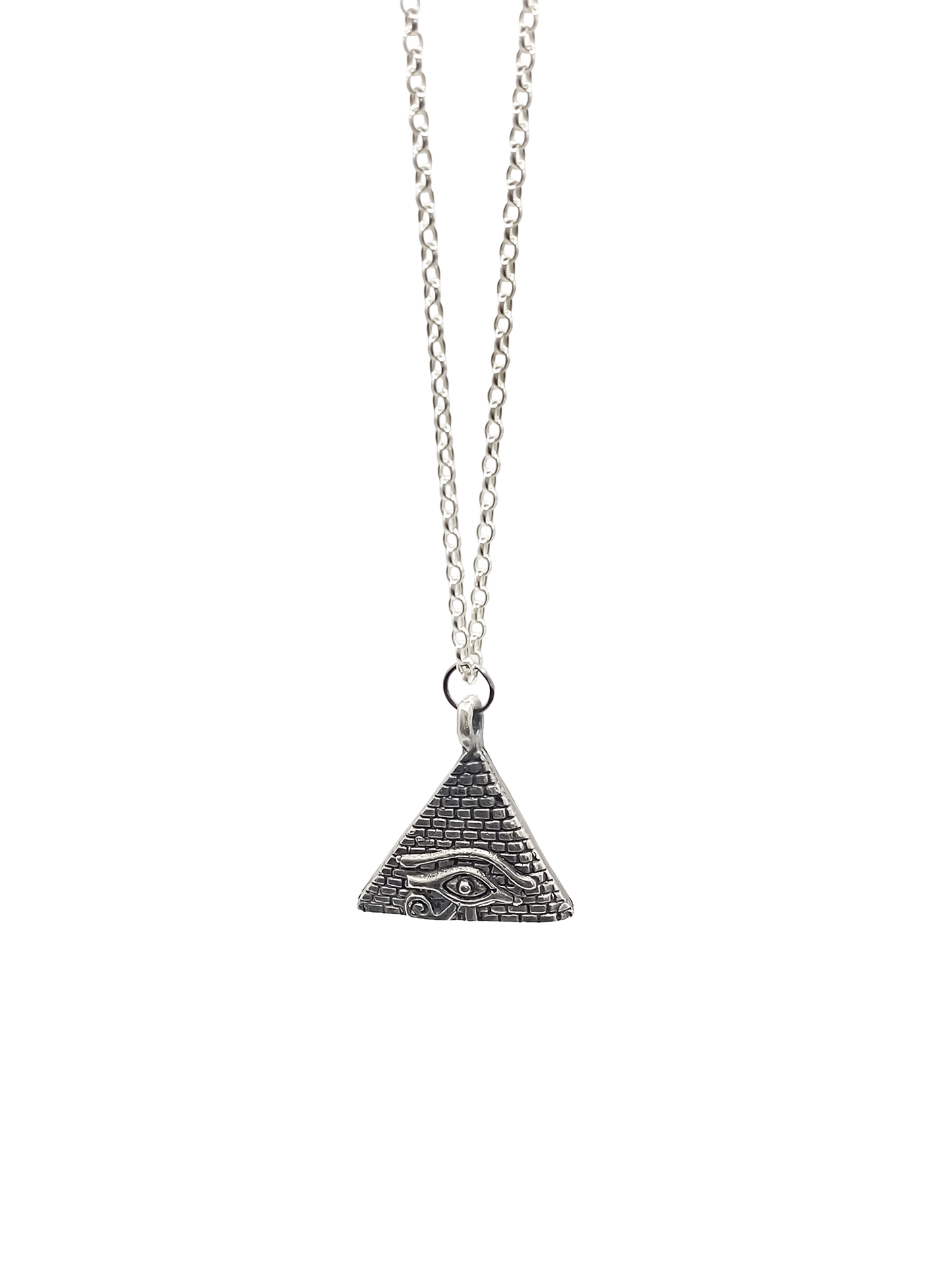 Sacred geometric Horus Eye Pyramid Pendant in oxidised silver or gold with African Egyptian design, free shipping