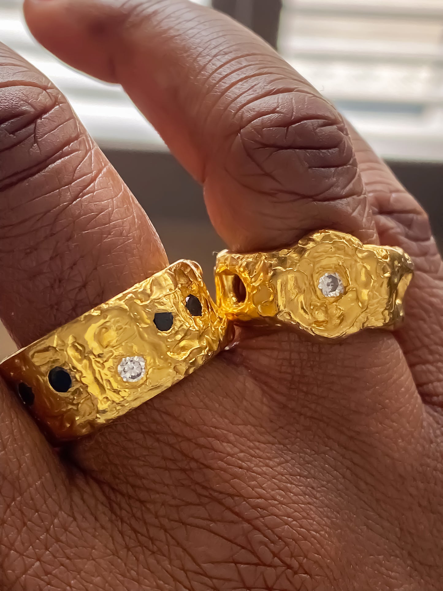 Chunky handmade gold band with crystal detailing, designed by MOCA Jewellery.