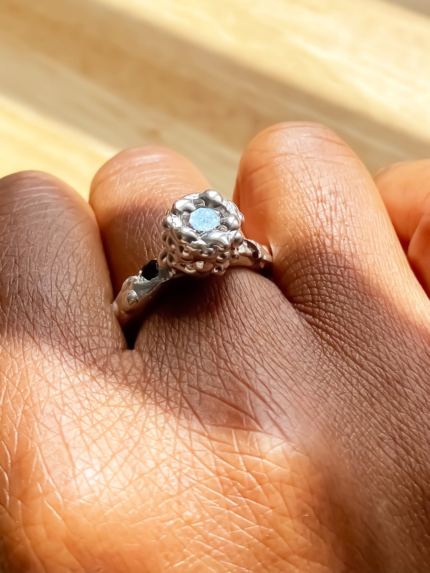 Orbit Ring angled to show black stones on silver - abstract, bold white and black gemstones gold or silver free shipping
