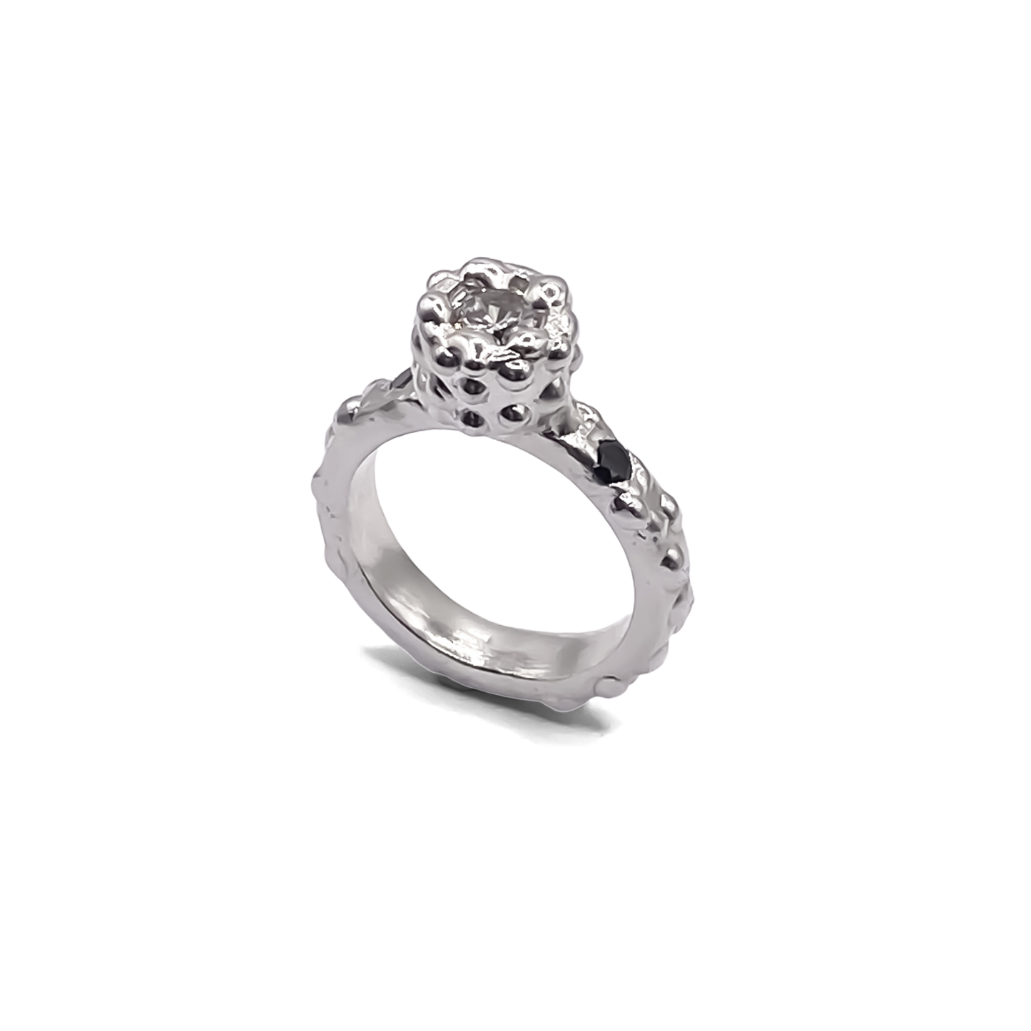 Orbit Ring angled highlight view showing contours - abstract, bold white and black gemstones gold or silver free shipping