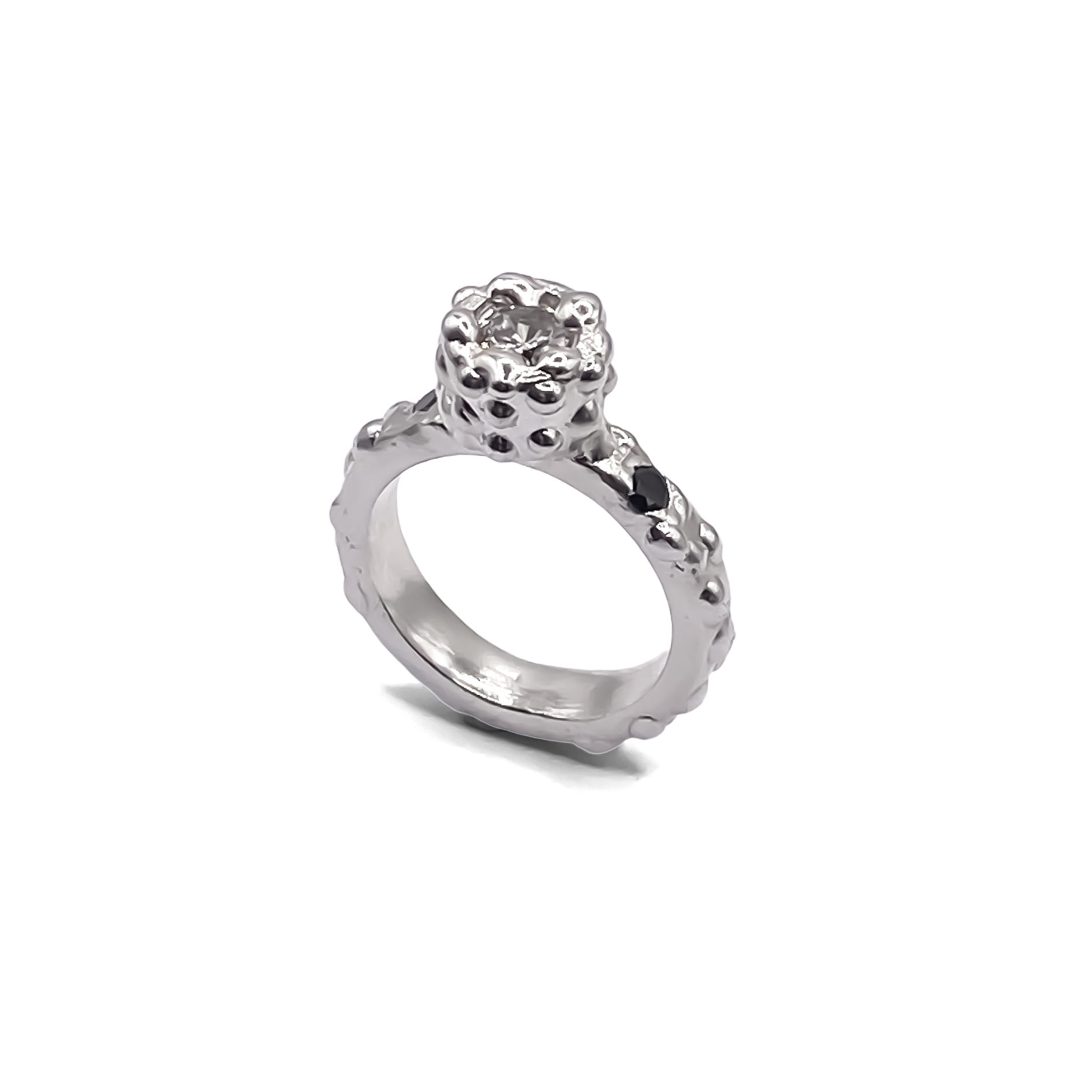 Orbit Ring angled highlight view showing contours - abstract, bold white and black gemstones gold or silver free shipping