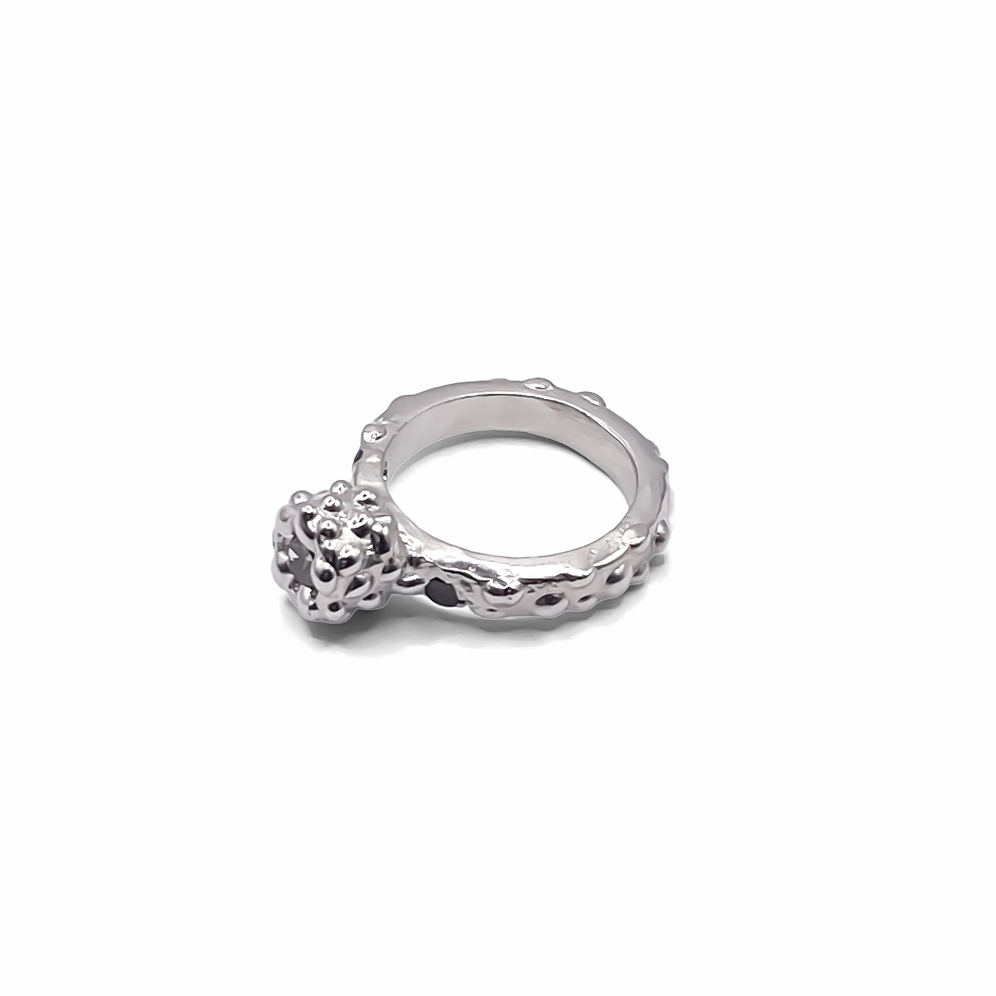 Orbit Ring close-up showing central and side stones - abstract, bold white and black gemstones gold or silver free shipping