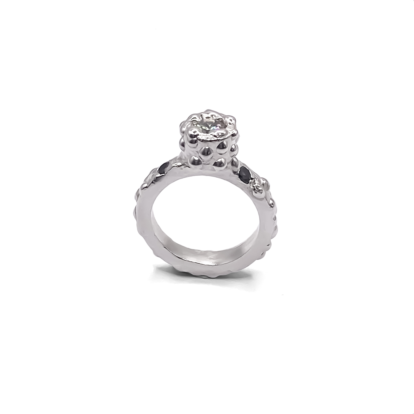 High-polish top view of Orbit Ring with gemstone detail - abstract, bold white and black gemstones gold or silver free shipping