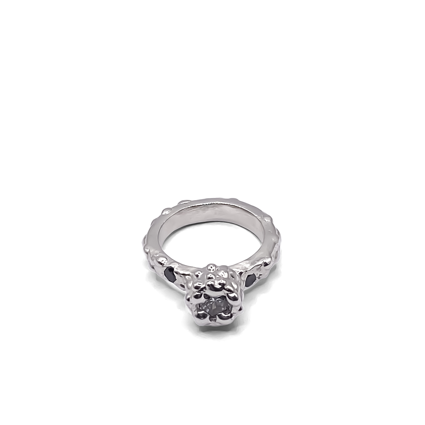 Orbit Ring dotted band in silver frontal studio view - abstract, bold white and black gemstones gold or silver free shipping