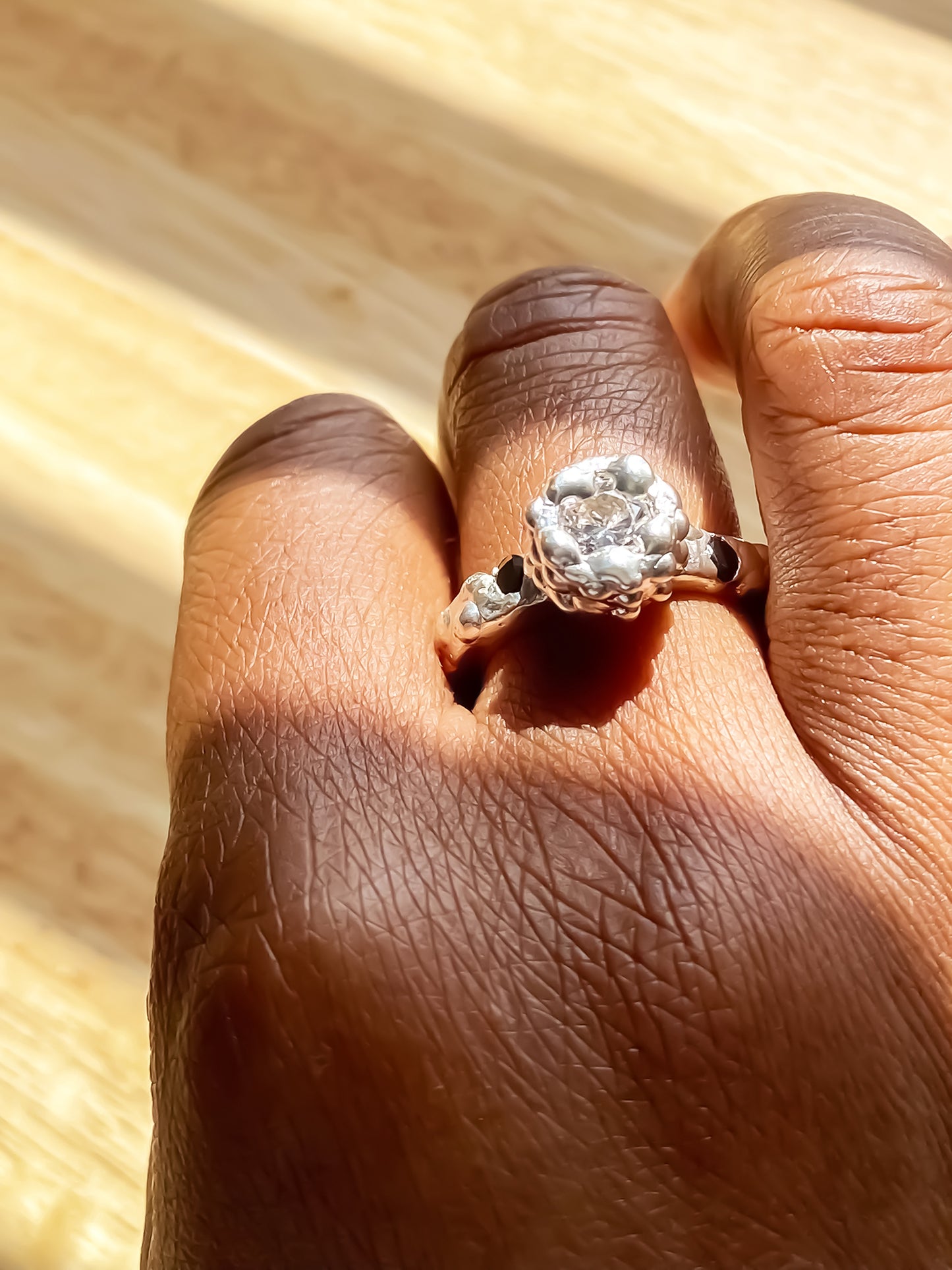 Orbit Ring on hand in soft light setting - abstract, bold white and black gemstones gold or silver free shipping