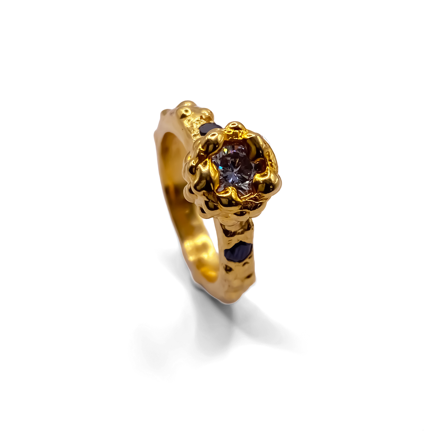 Abstract gold Orbit Ring with dotted band and gemstone focal point, handmade by MOCA Jewellery