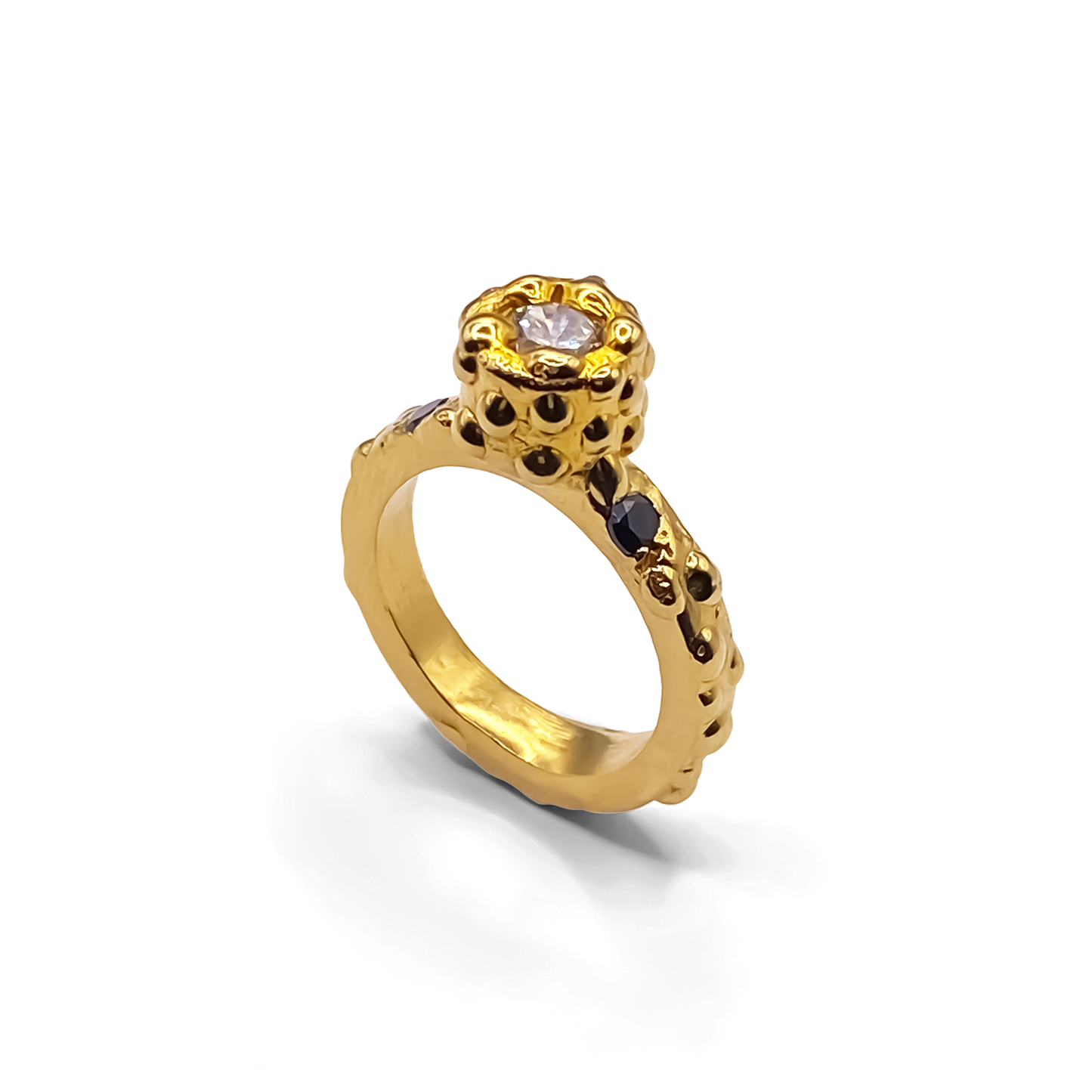 Elegant gold Orbit Ring with sculptural form, dotted gemstone band and handmade style by MOCA Jewellery