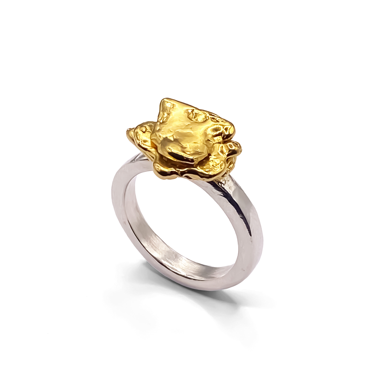 Organic-shaped statement gold flower ring handmade by MOCA Jewellery, bold sculptural style with free UK shipping