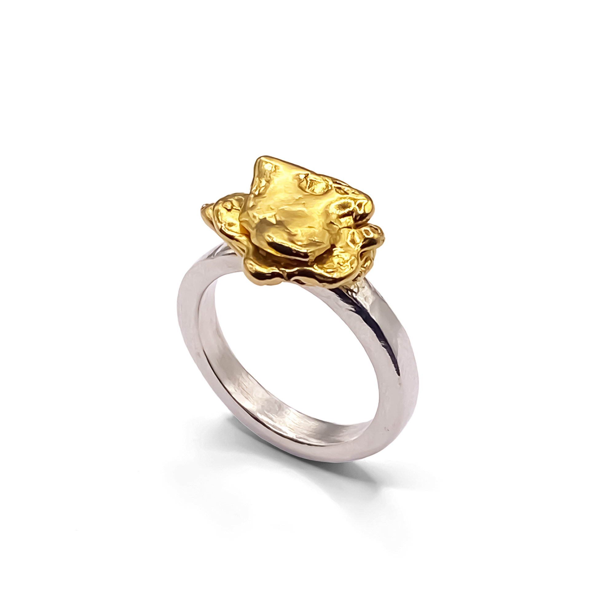 Organic-shaped statement gold flower ring handmade by MOCA Jewellery, bold sculptural style with free UK shipping