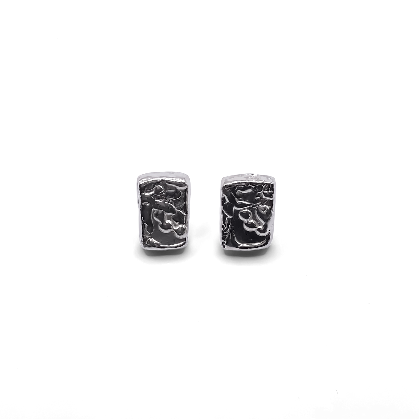 Pair of rectangular sculpted earrings, sleek textured silver finish, minimal jewellery with delicate aesthetic and free shipping