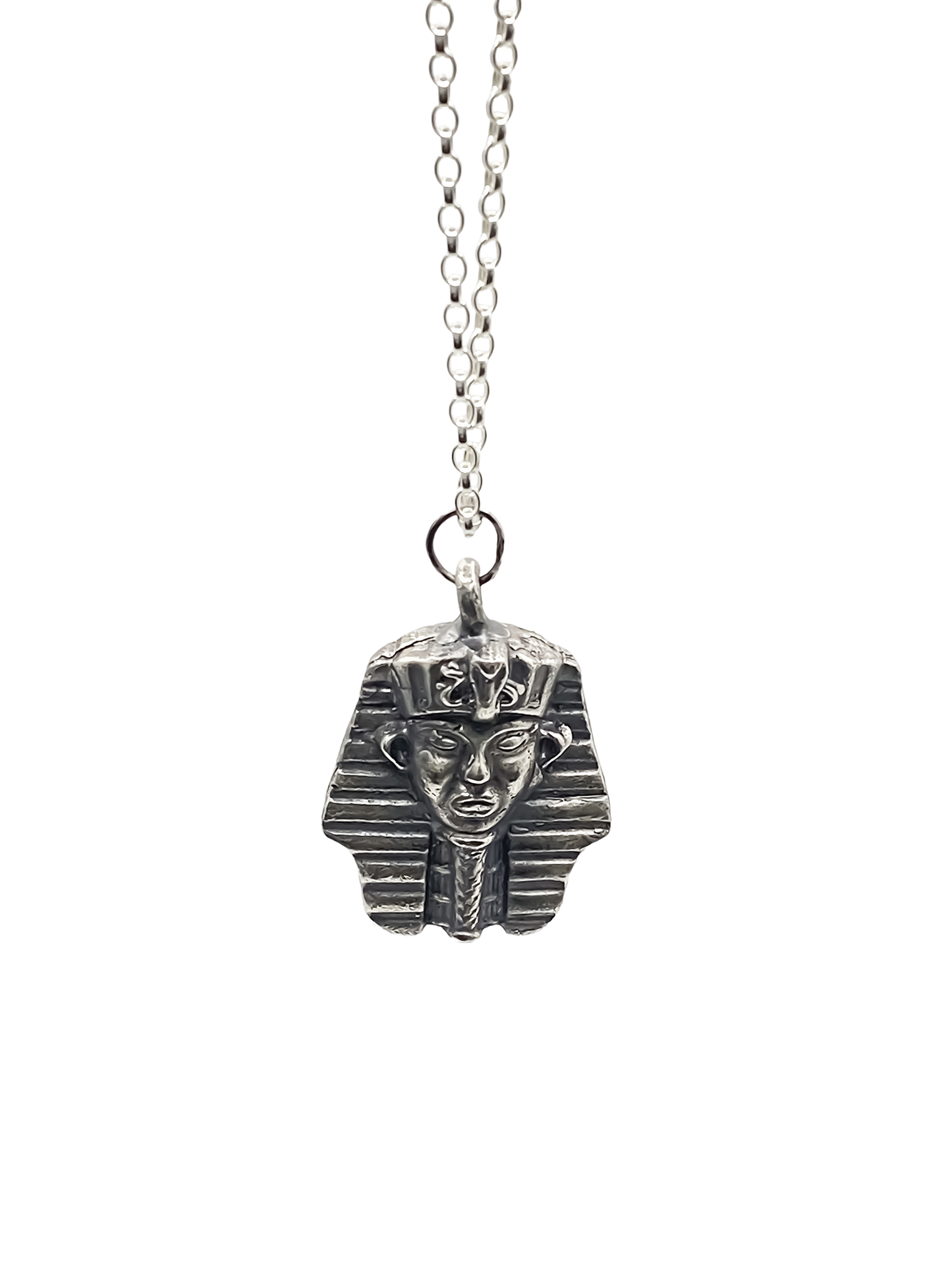 Close-up of Pharaoh Pendant showing cast detailing - oxidised Egyptian African gold or silver free shipping