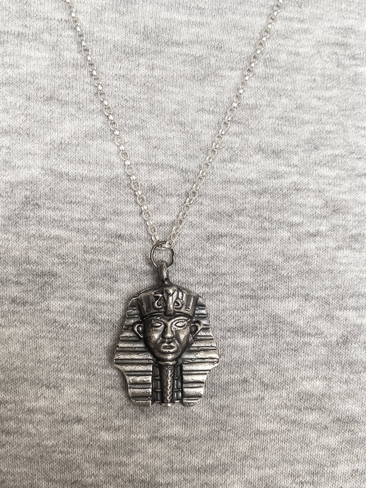 Front view of Pharaoh Pendant on chain - oxidised Egyptian African gold or silver free shipping