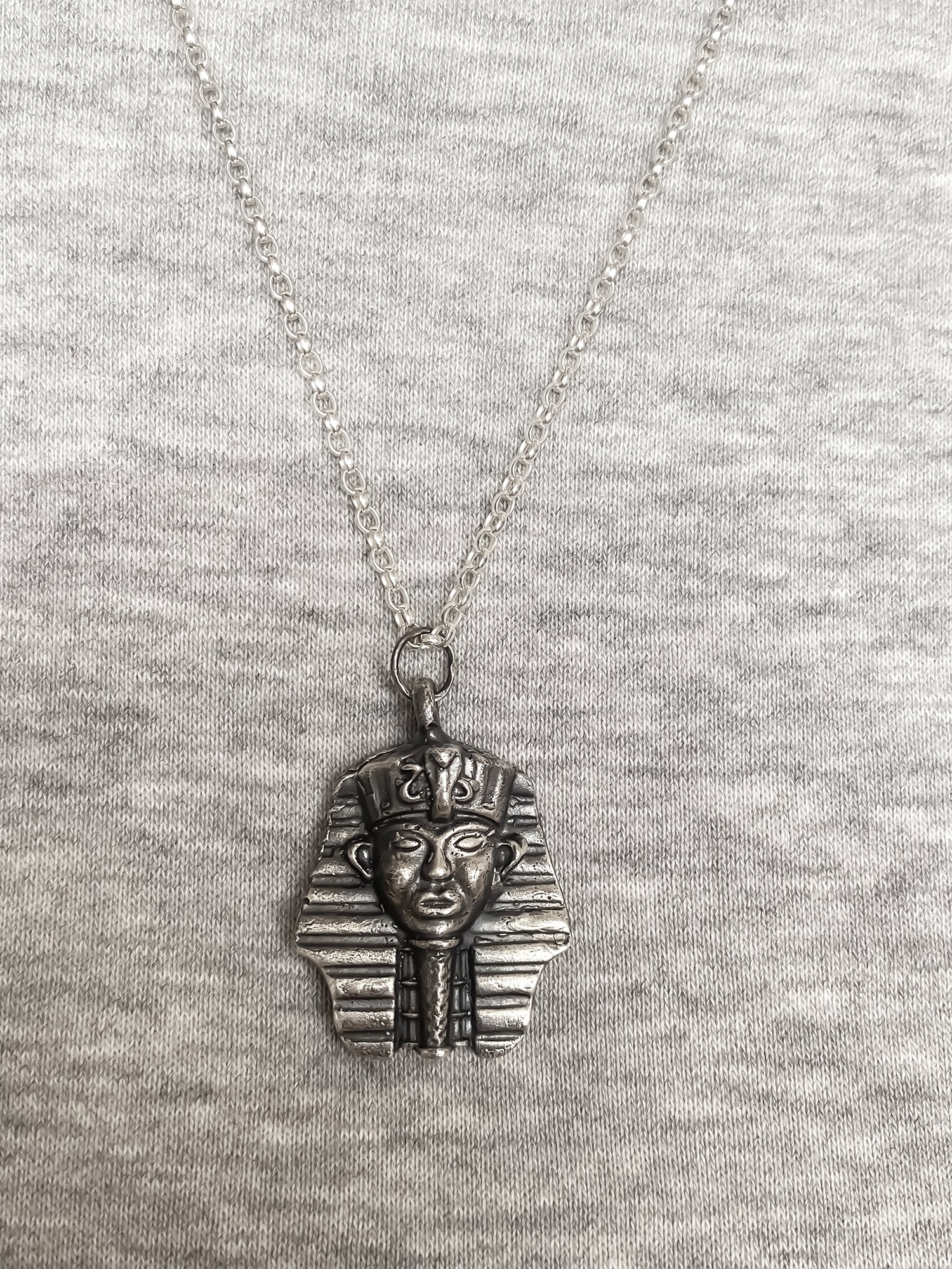 Front view of Pharaoh Pendant on chain - oxidised Egyptian African gold or silver free shipping