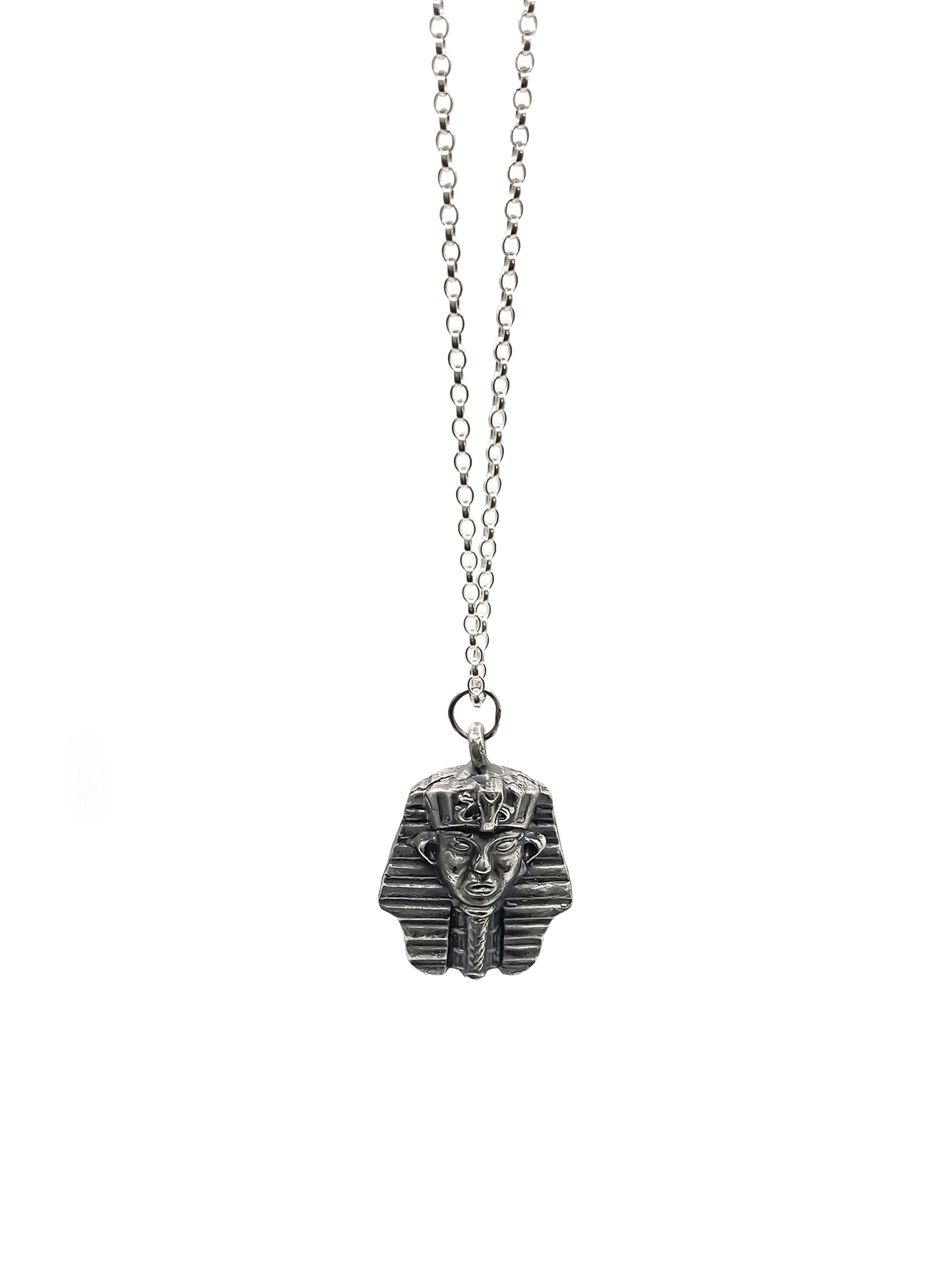 Side view of Pharaoh Pendant on chain - oxidised Egyptian African gold or silver free shipping