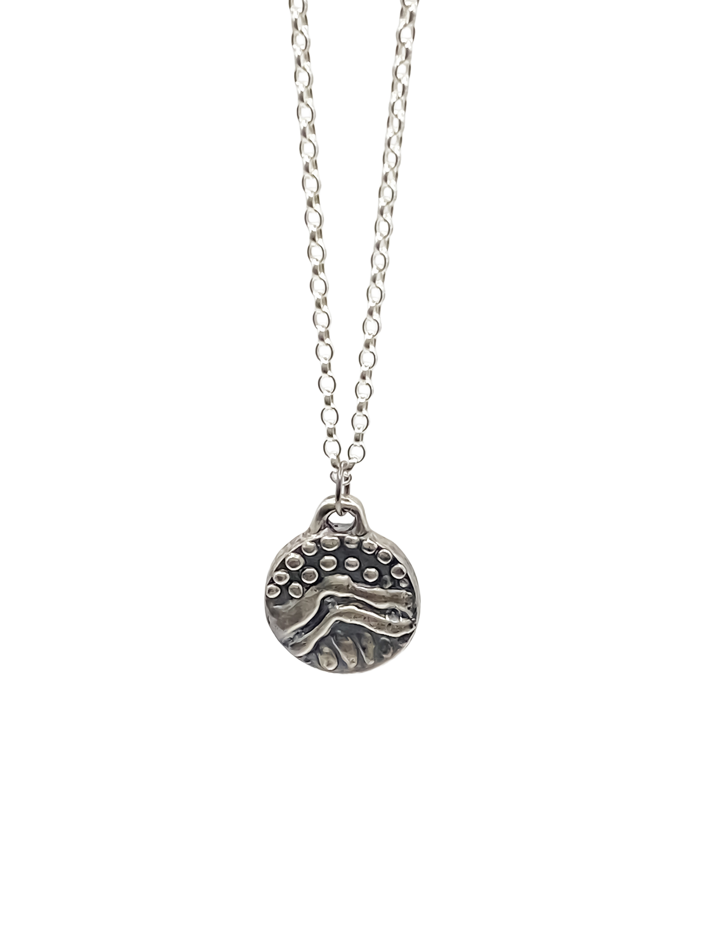 Detailed view of Round Dotty Pendant surface - textured, happy buddha, oxidised organic texture gold or silver free shipping