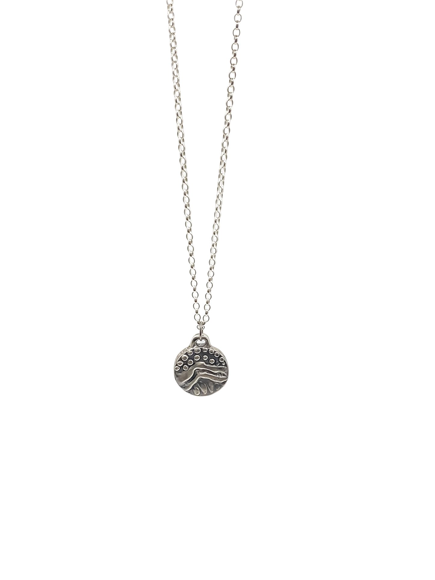 Round Dotty Pendant frontal view on chain - textured, happy buddha, oxidised organic texture gold or silver free shipping